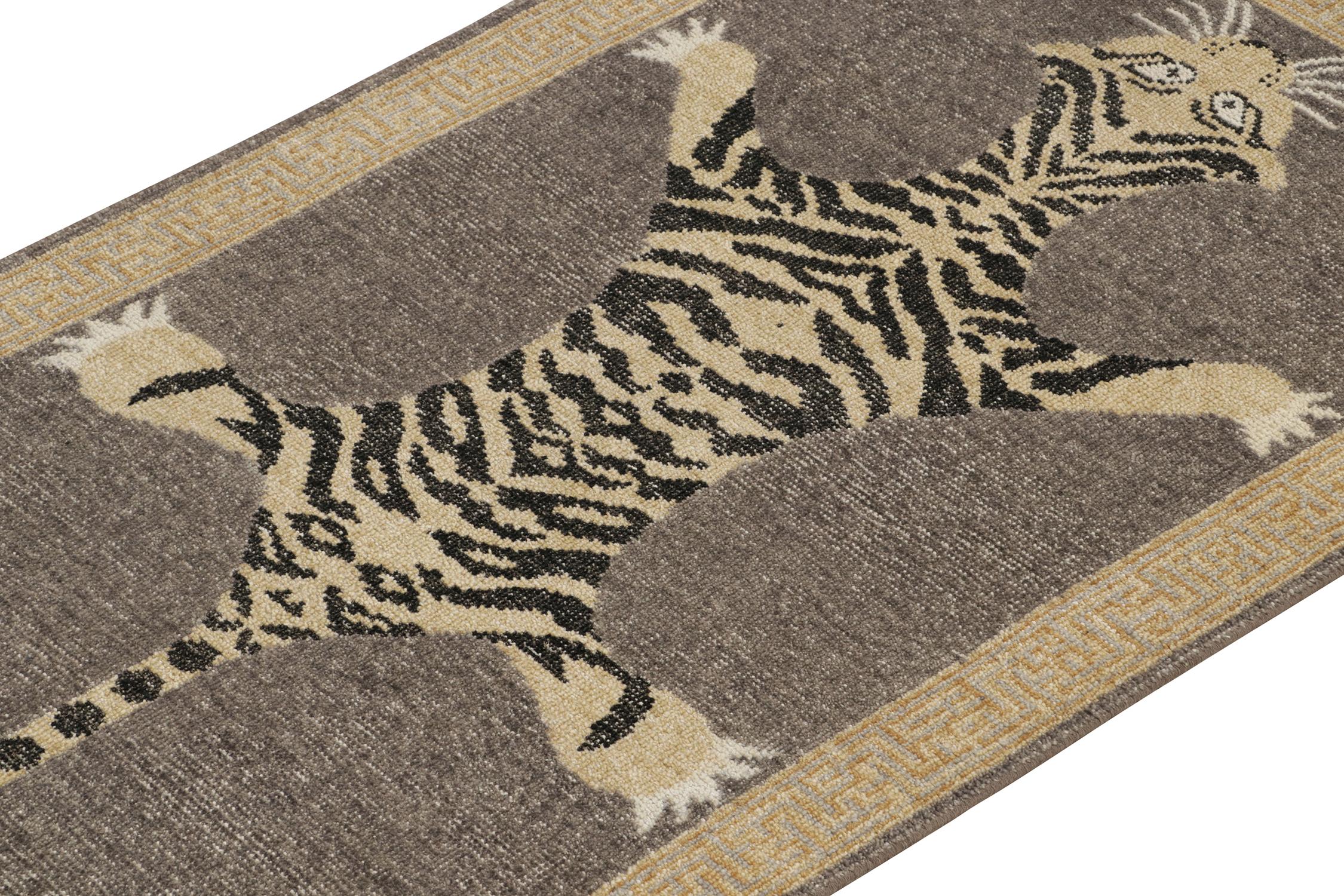 Hand-Knotted Rug & Kilim’s Distressed Style Tiger Runner in Gray, Beige and Black Pictorial For Sale
