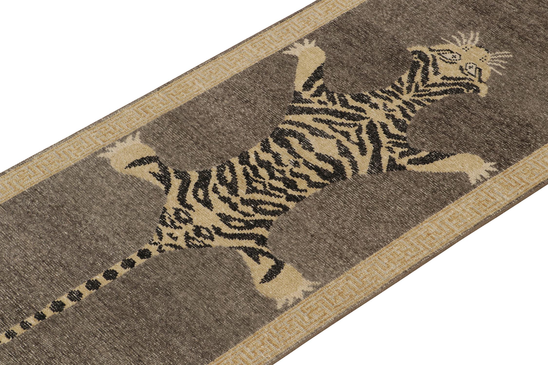 Hand-Knotted Rug & Kilim’s Distressed Style Tiger Runner in Gray, Beige and Black Pictorial For Sale