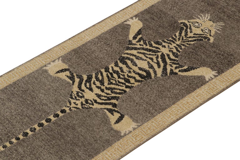 Rug and Kilim’s Distressed Style Tiger Runner in Gray, Beige and Black ...