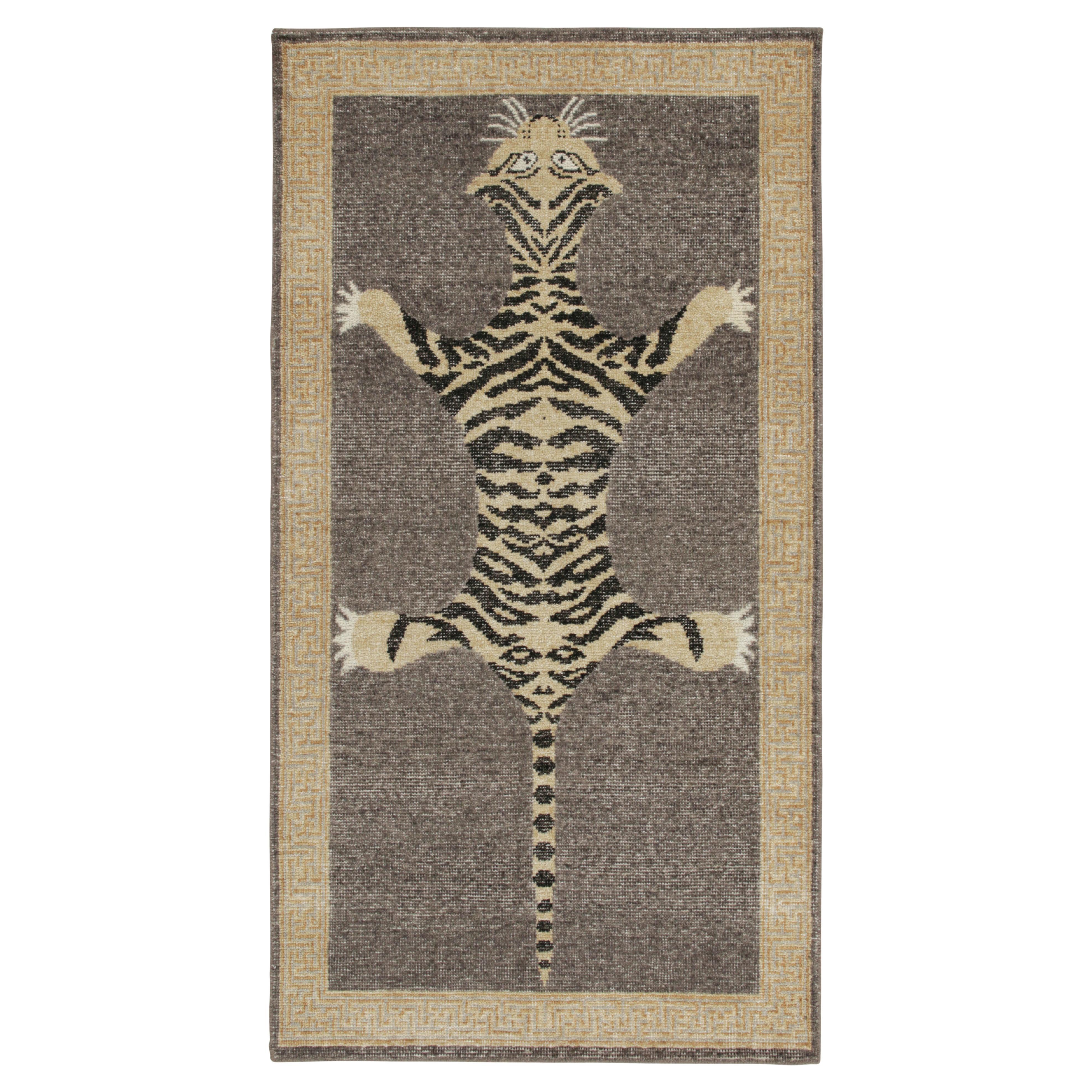 Rug & Kilim’s Distressed Style Tiger Runner in Gray, Beige and Black Pictorial For Sale