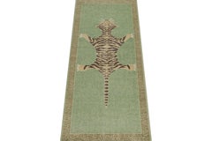 Rug & Kilim’s Distressed Style Tiger Runner in Green, Beige & Black Pictorial