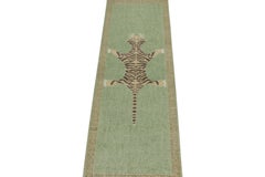 Rug & Kilim’s Distressed Style Tiger Runner in Green, Beige & Black Pictorial
