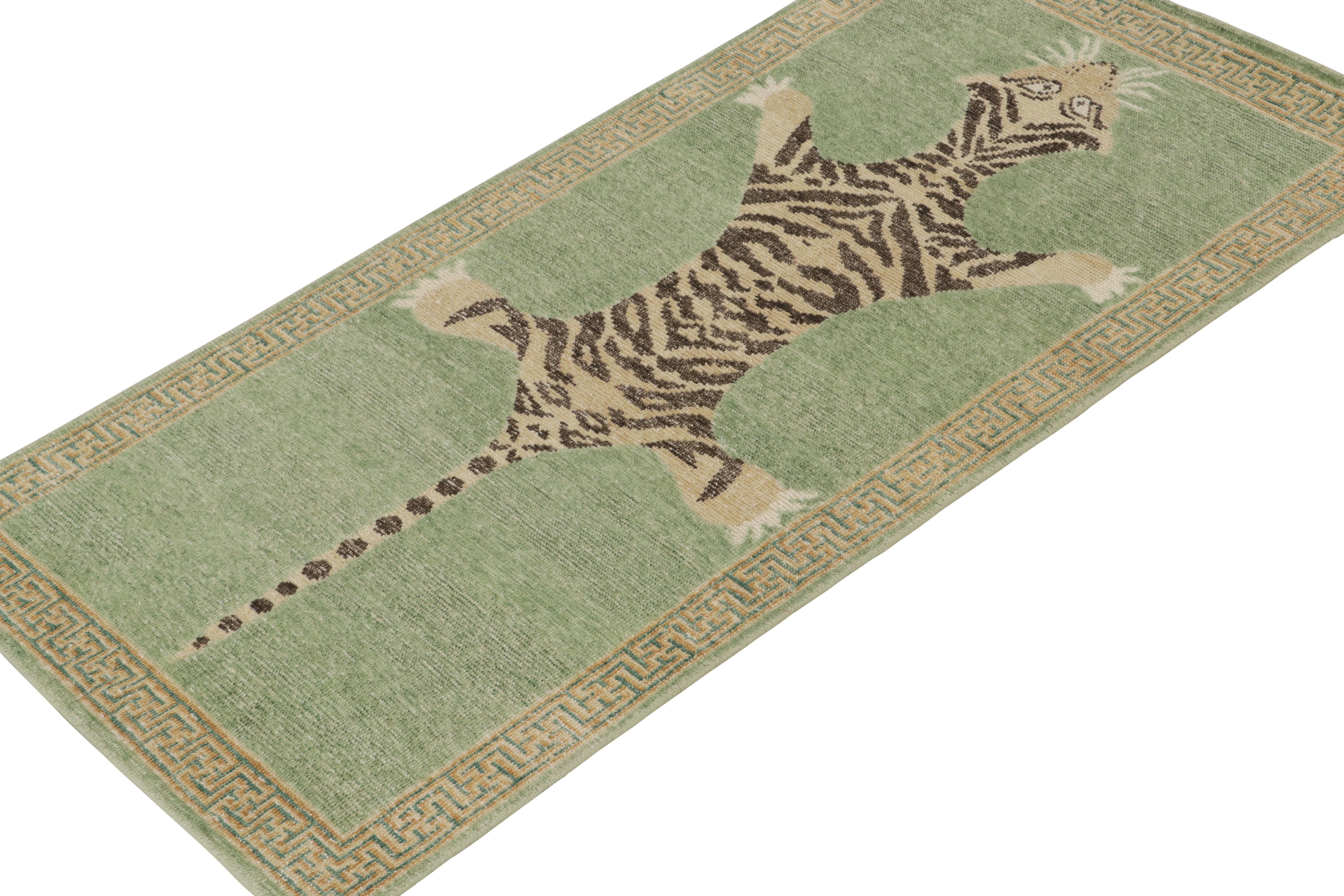 This 3x6 runner is a new addition to Rug & Kilim’s Homage Collection, that recaptures the time-honored Tiger skin rug design.

Further On the Design: 

This particular piece is inspired by antique Indian Tiger-skin rugs of the most regal,
