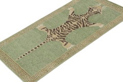 Rug & Kilim’s Distressed Style Tiger Runner in Green, Beige & Black Pictorial