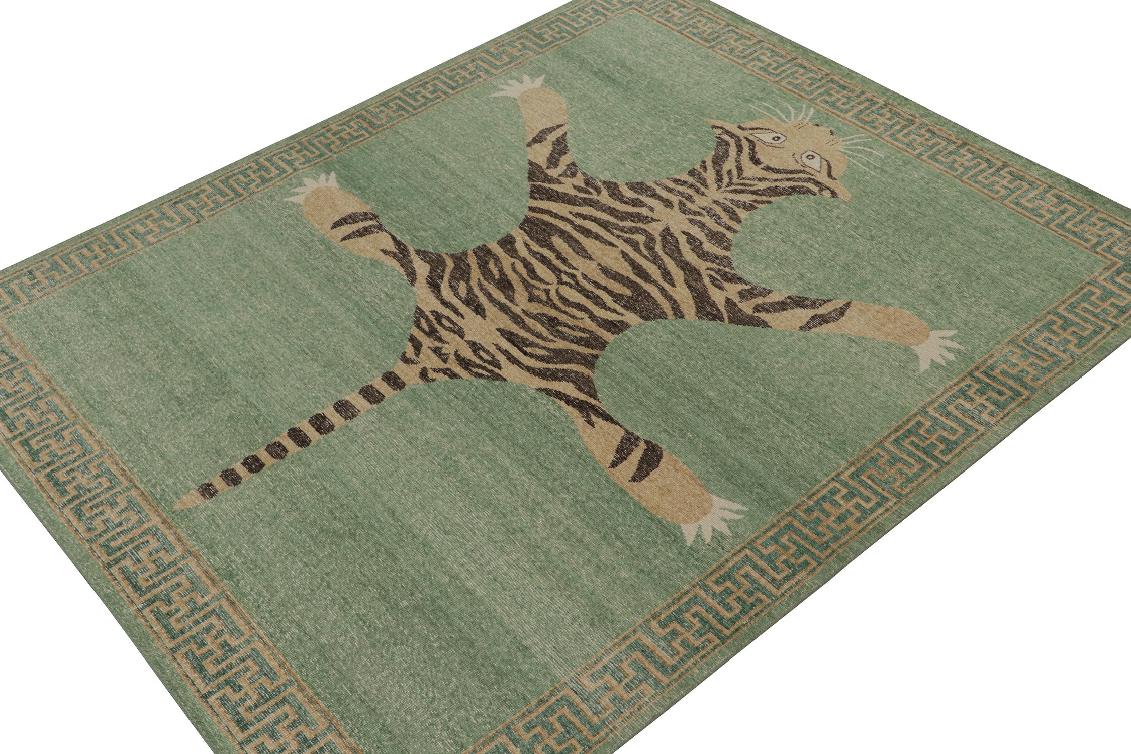 This 8x10 rug is a new addition to Rug & Kilim’s Homage Collection, that recaptures the time-honored Tiger skin rug design.

Further On the Design: 

This particular piece is inspired by antique Indian Tiger-skin rugs of the most regal, inviting