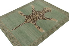 Rug & Kilim’s Distressed Style Tiger Runner in Green, Beige & Black Pictorial