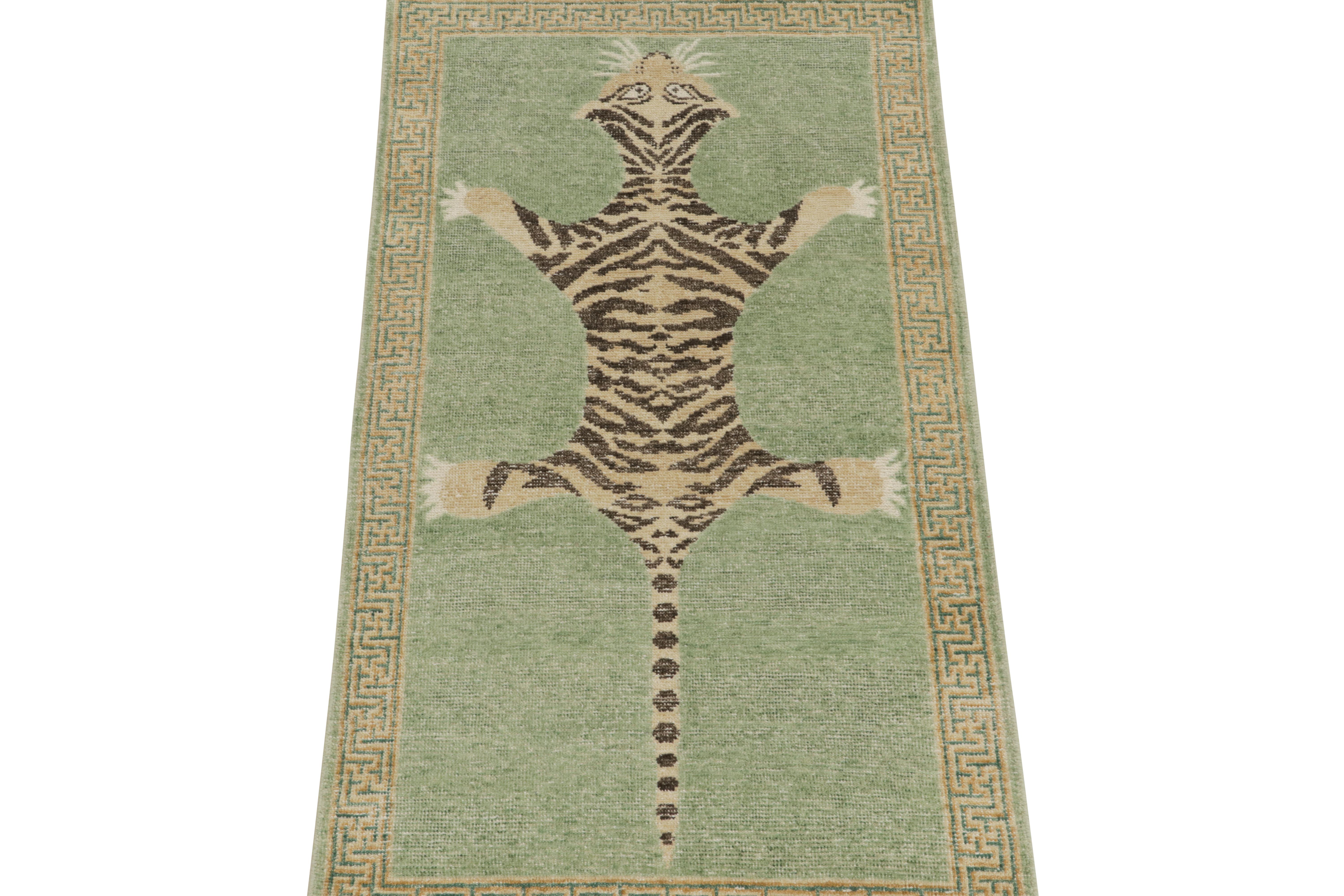 Indian Rug & Kilim’s Distressed Style Tiger Runner in Green, Beige & Black Pictorial For Sale