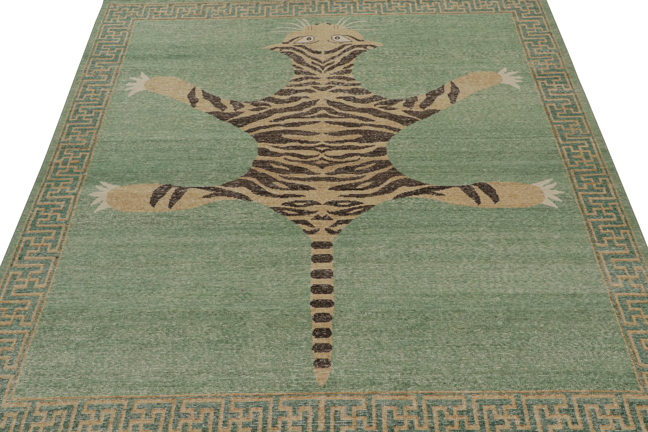 Indian Rug & Kilim’s Distressed Style Tiger Runner in Green, Beige & Black Pictorial For Sale