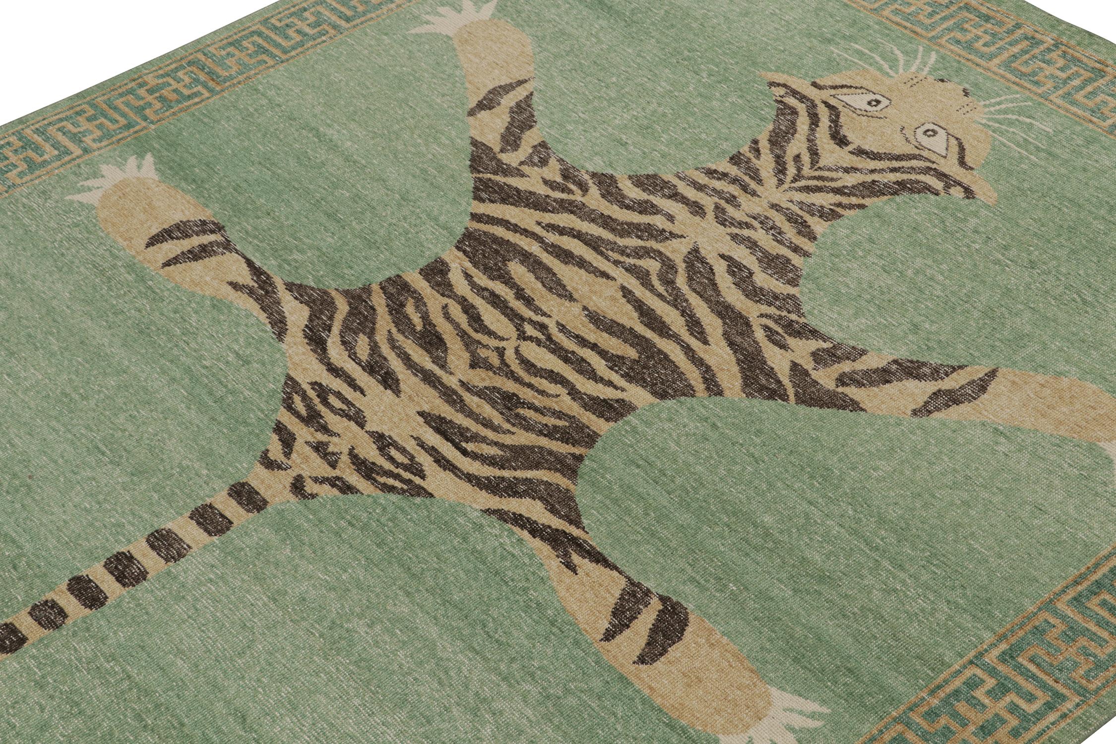 Hand-Knotted Rug & Kilim’s Distressed Style Tiger Runner in Green, Beige & Black Pictorial For Sale