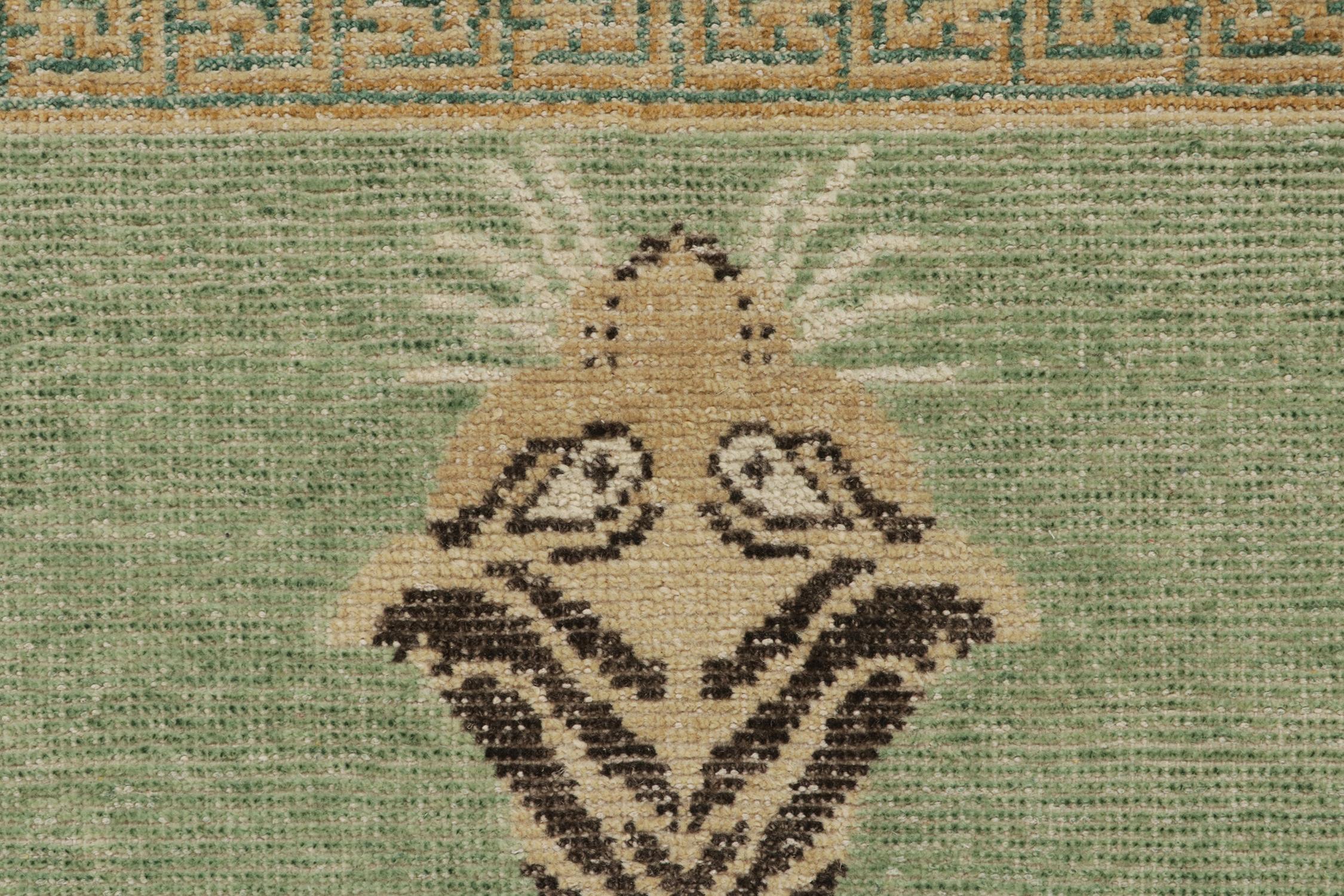 Contemporary Rug & Kilim’s Distressed Style Tiger Runner in Green, Beige & Black Pictorial For Sale
