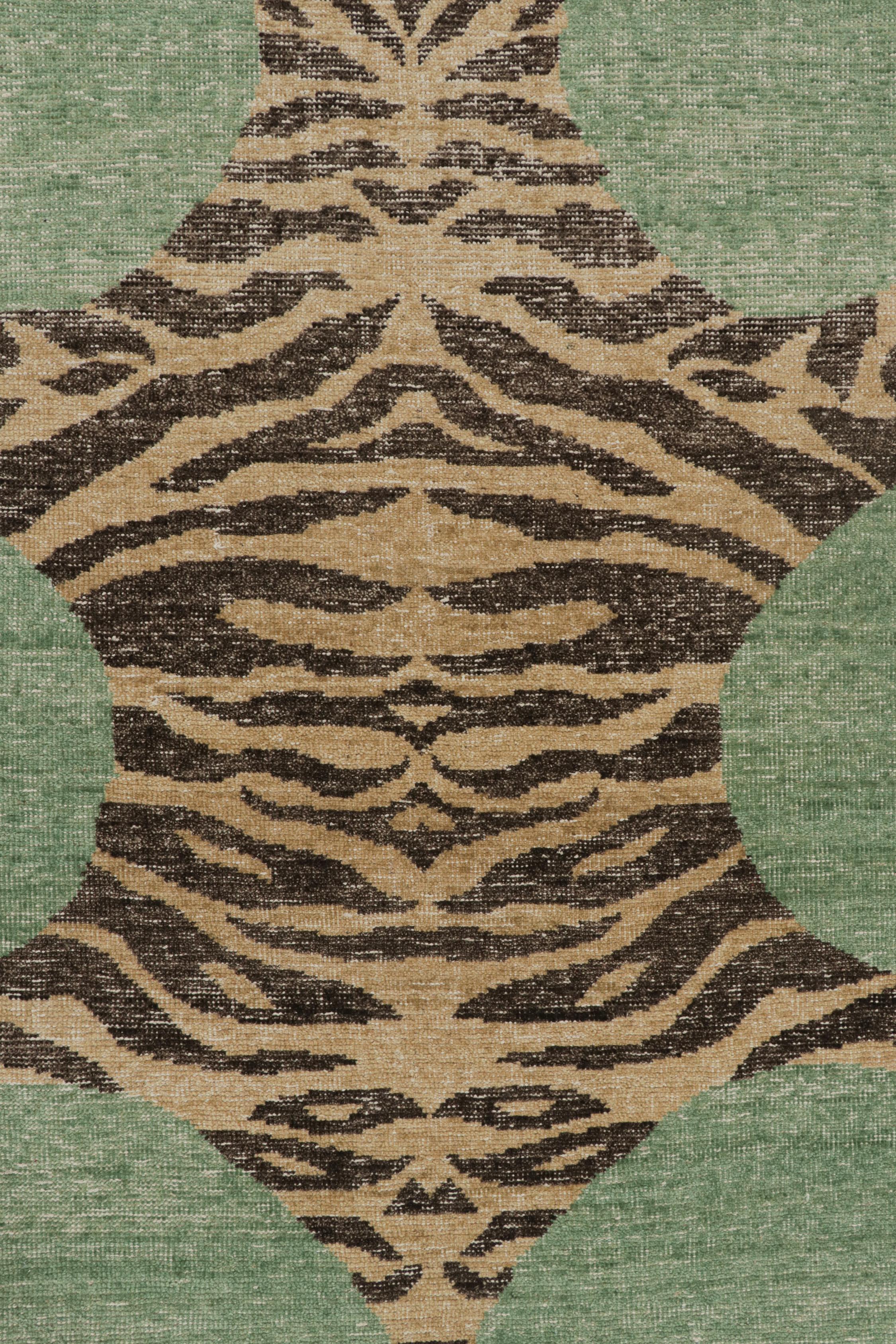 Contemporary Rug & Kilim’s Distressed Style Tiger Runner in Green, Beige & Black Pictorial For Sale