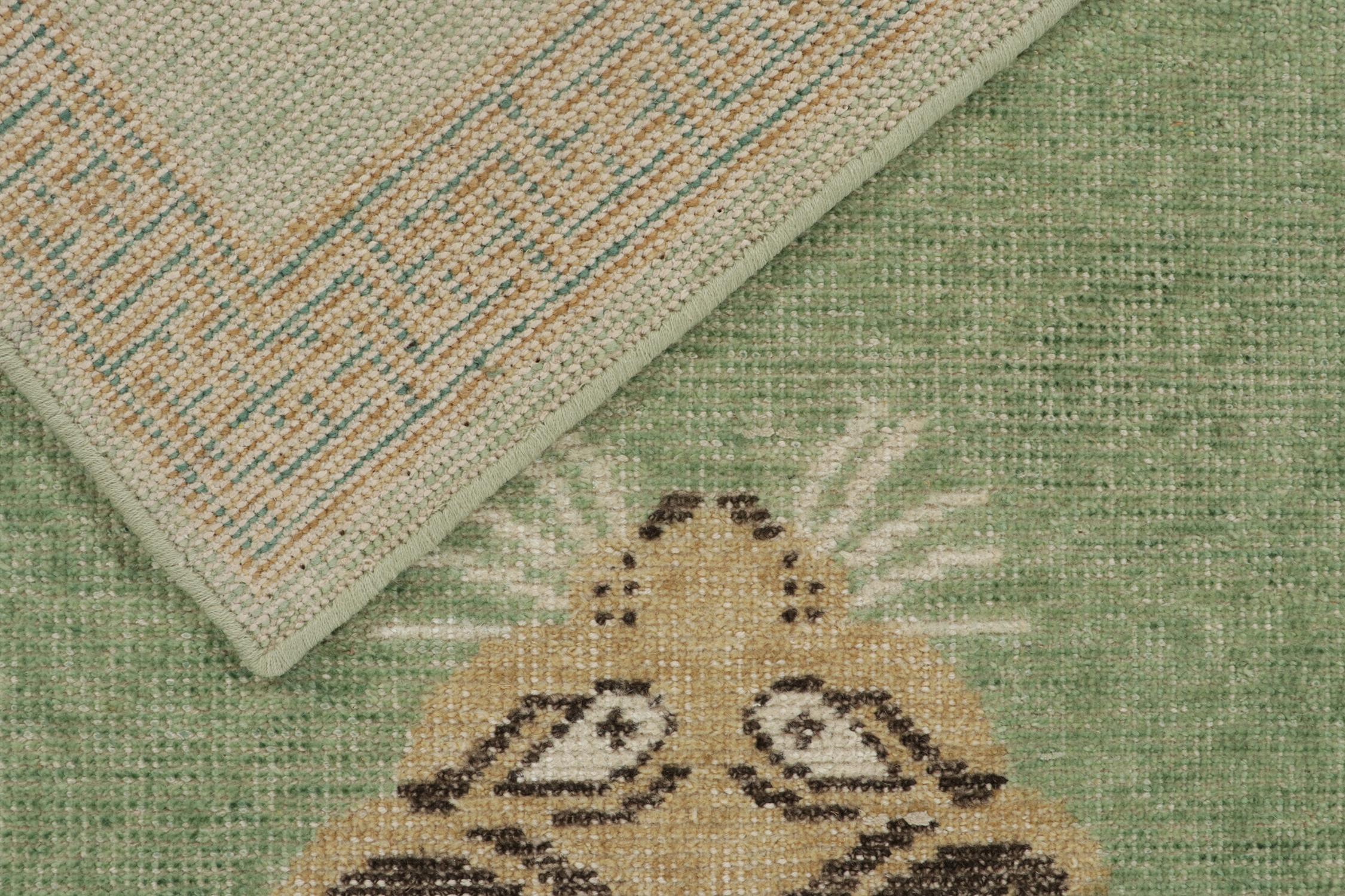 Wool Rug & Kilim’s Distressed Style Tiger Runner in Green, Beige & Black Pictorial For Sale