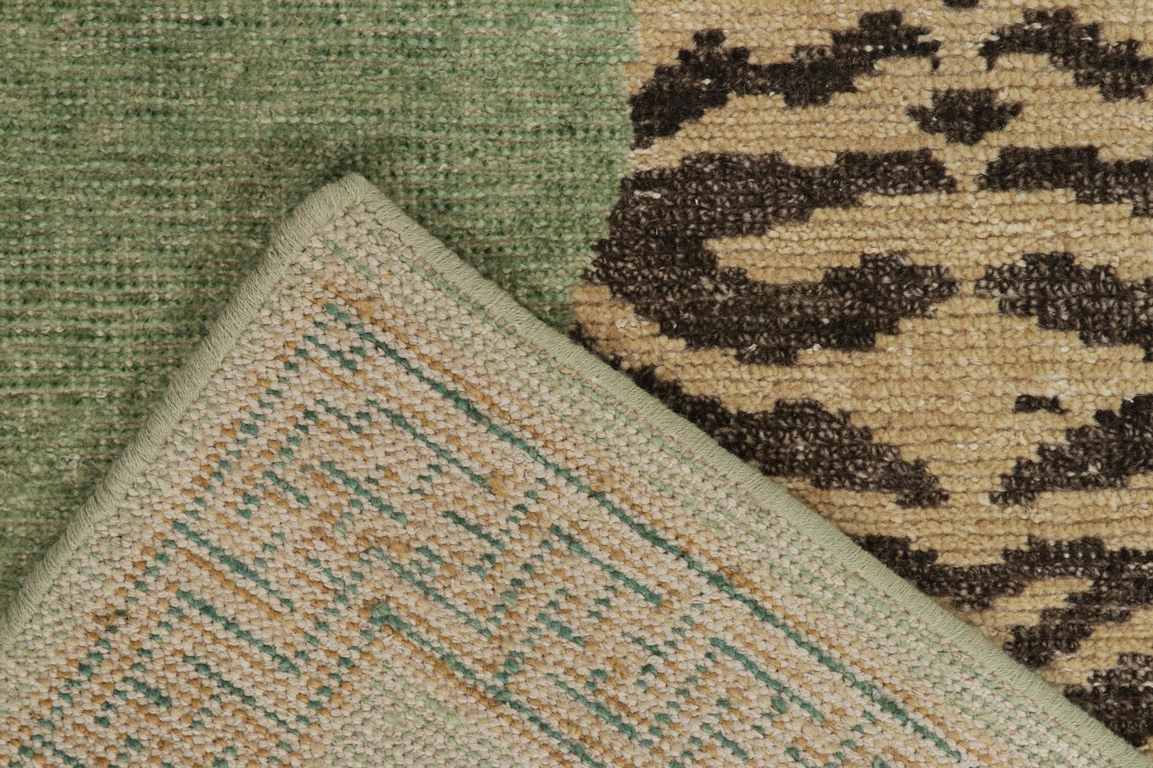 Wool Rug & Kilim’s Distressed Style Tiger Runner in Green, Beige & Black Pictorial For Sale
