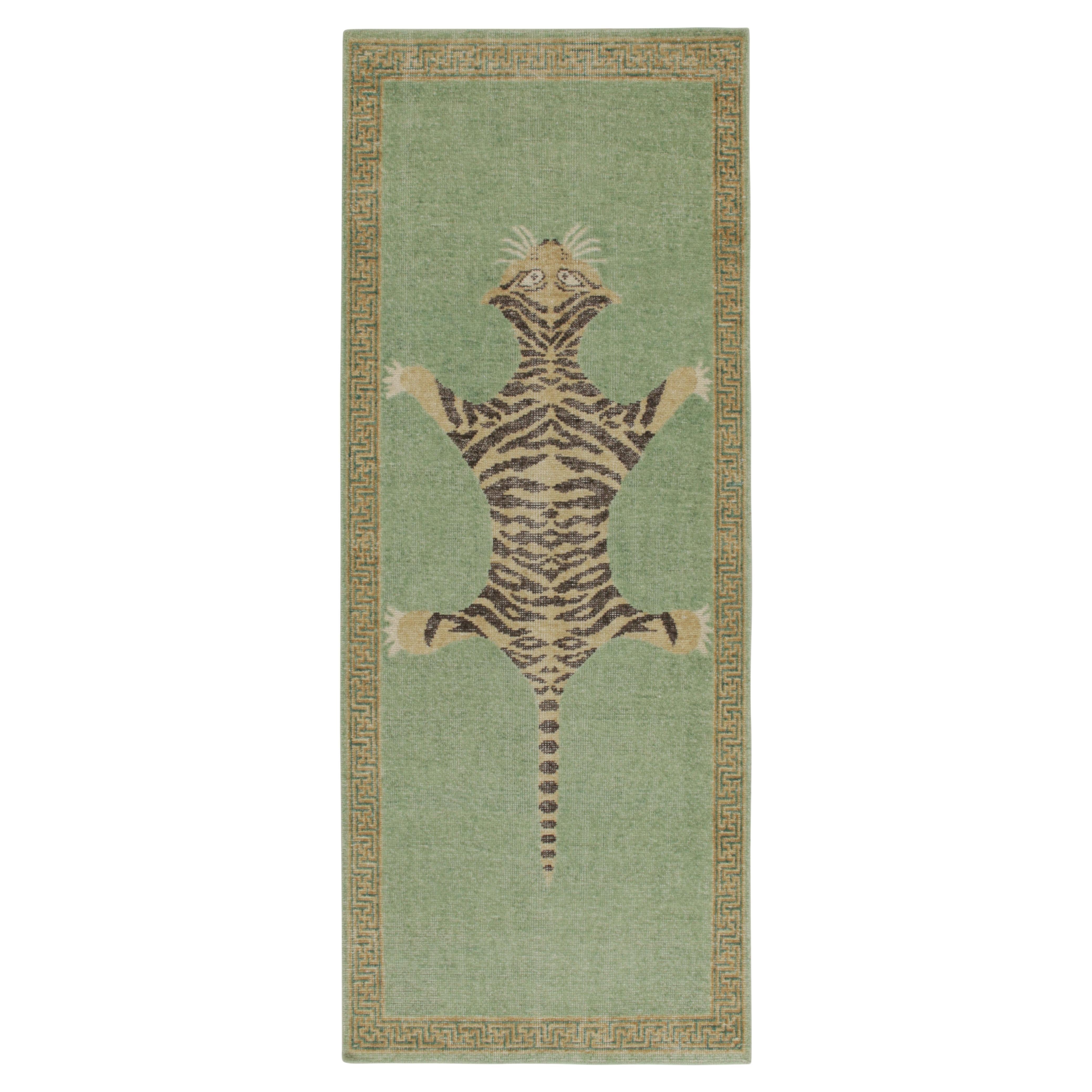 Rug and Kilim’s Classic Style Pictorial Tiger Rug in Green Distressed