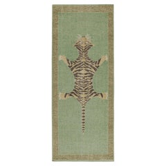 Rug & Kilim’s Distressed Style Tiger Runner in Green, Beige & Black Pictorial