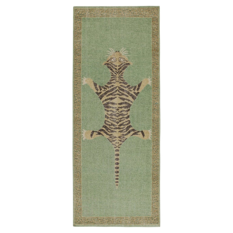 Rug and Kilim’s Distressed Style Tiger Runner in Green, Beige and Black ...