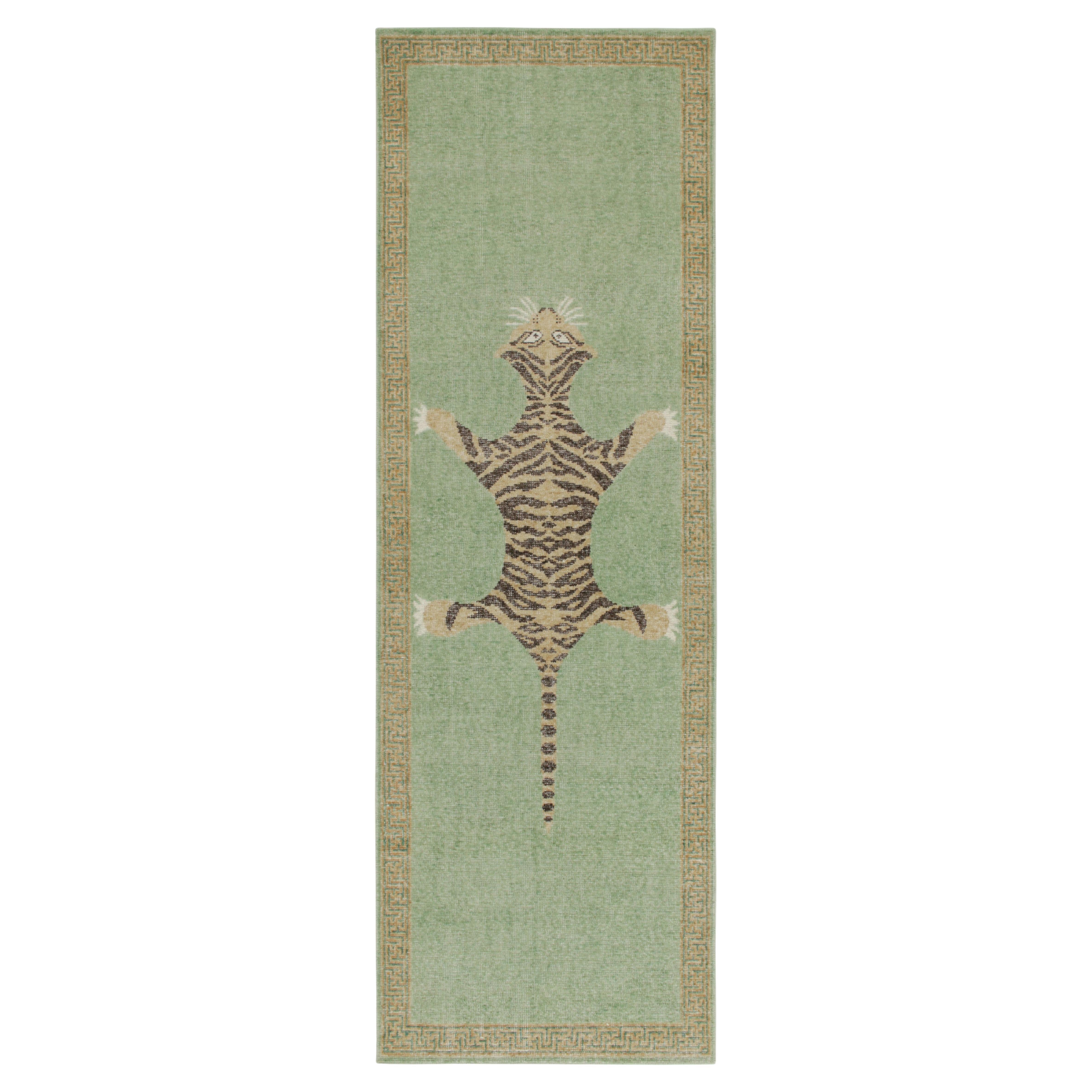 Rug & Kilim’s Distressed Style Tiger Runner in Green, Beige & Black Pictorial