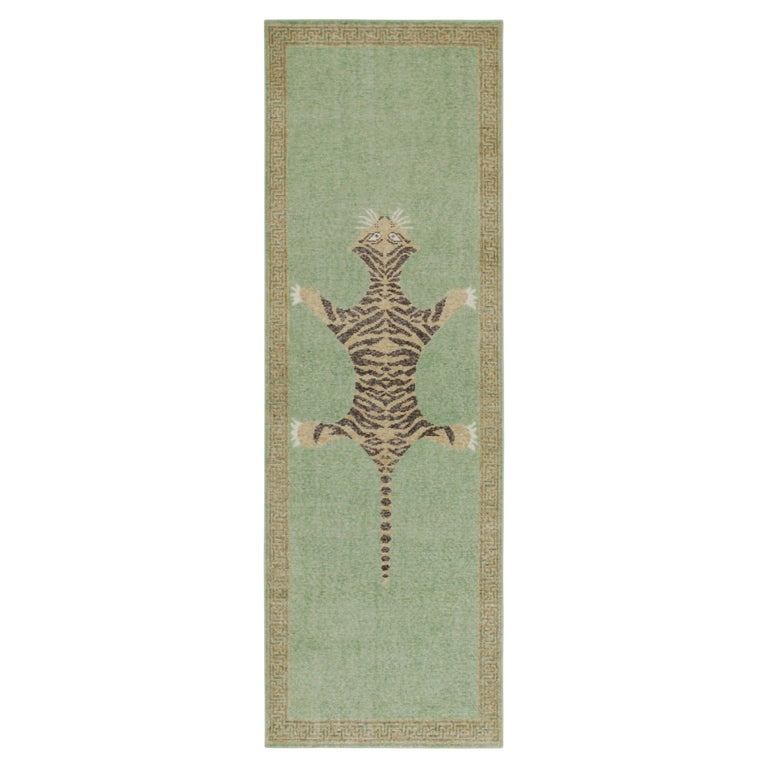 Rug and Kilim’s Distressed Style Tiger Runner in Green, Beige and Black ...