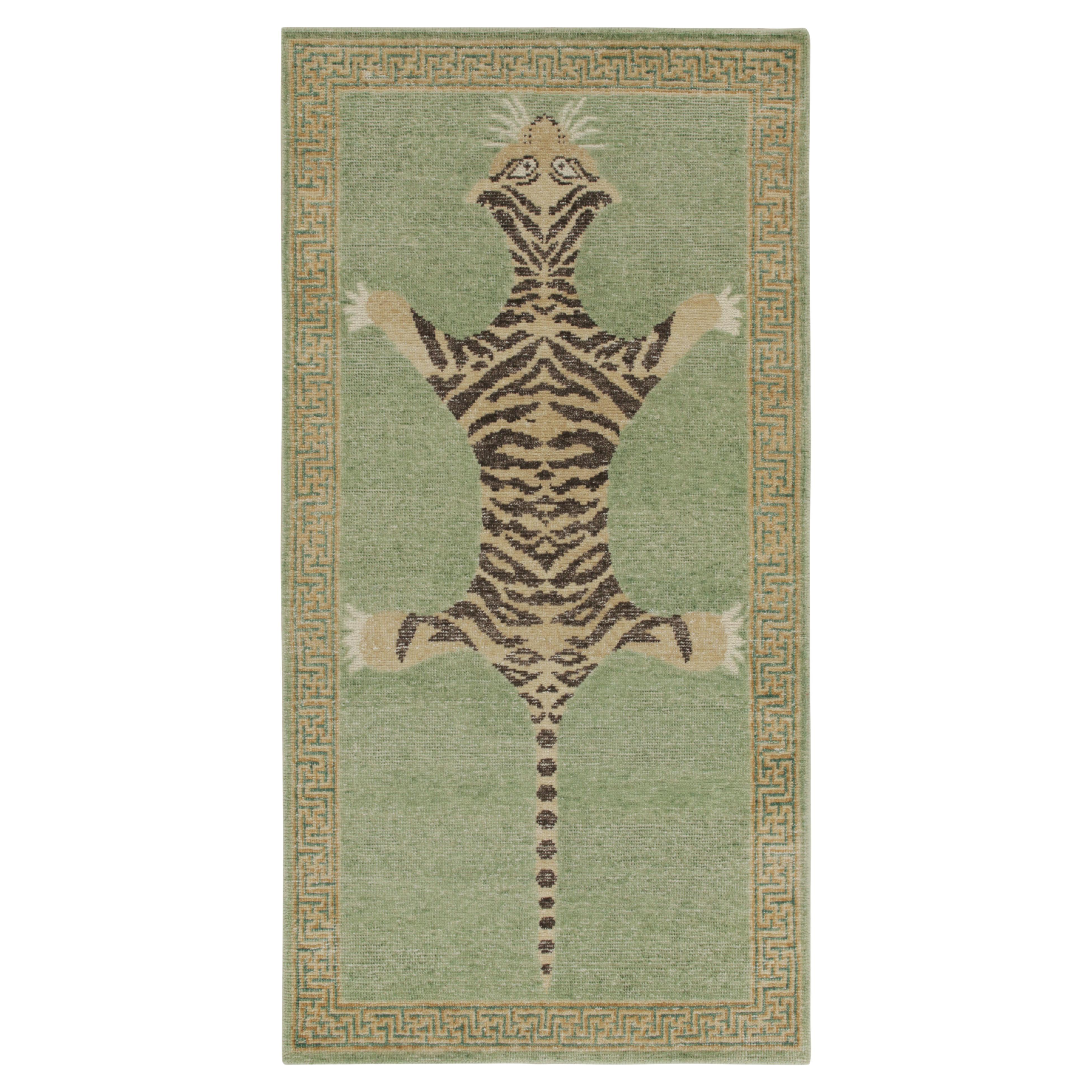 Rug & Kilim’s Distressed Style Tiger Runner in Green, Beige & Black Pictorial For Sale