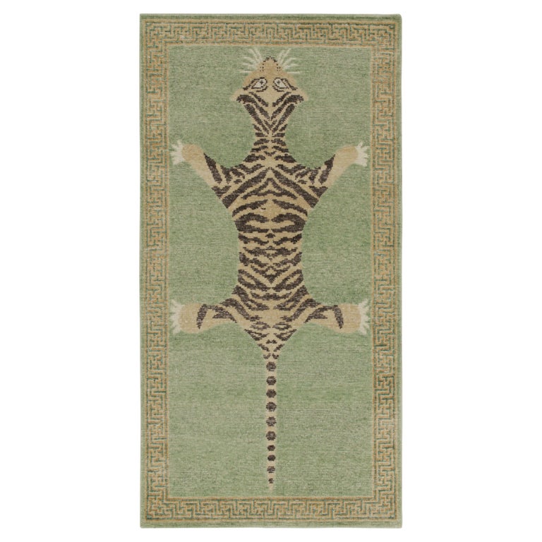 Rug and Kilim’s Distressed Style Tiger Runner in Green, Beige and Black ...