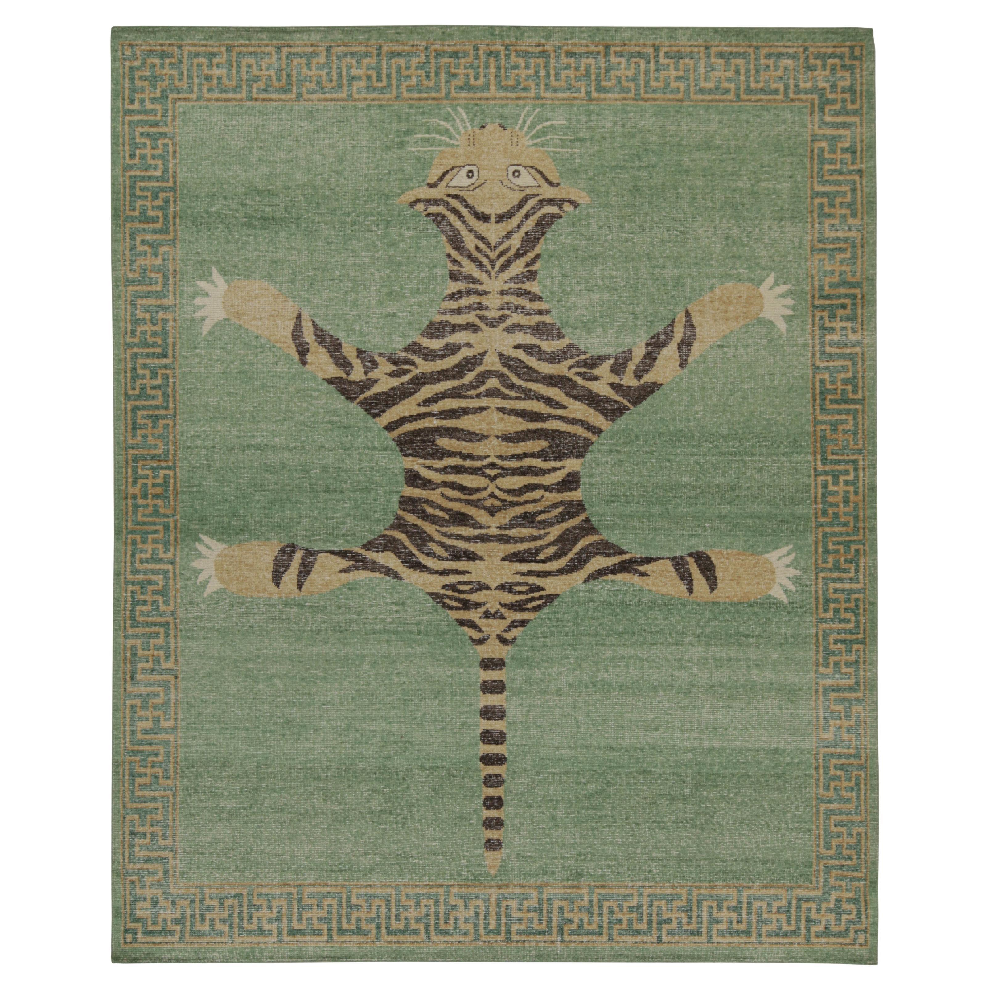 Rug & Kilim’s Distressed Style Tiger Runner in Green, Beige & Black Pictorial For Sale