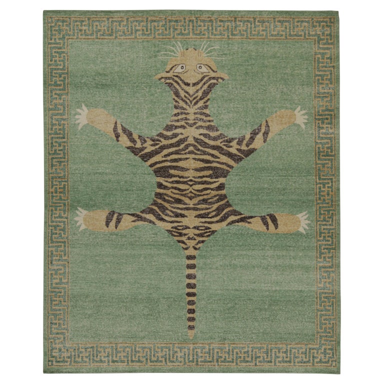 Rug and Kilim’s Distressed Style Tiger Runner in Green, Beige and Black ...