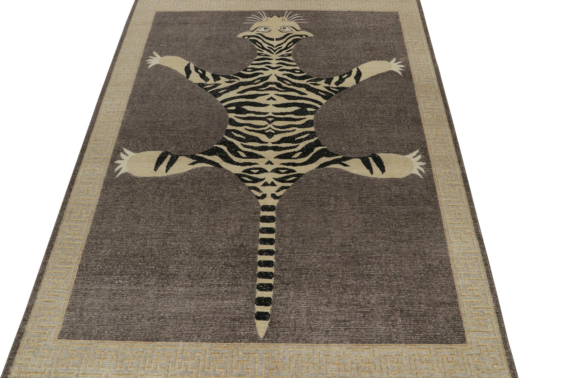 Indian Rug & Kilim’s Distressed Style Tiger Skin Rug in Gray, Beige and Black Pictorial For Sale