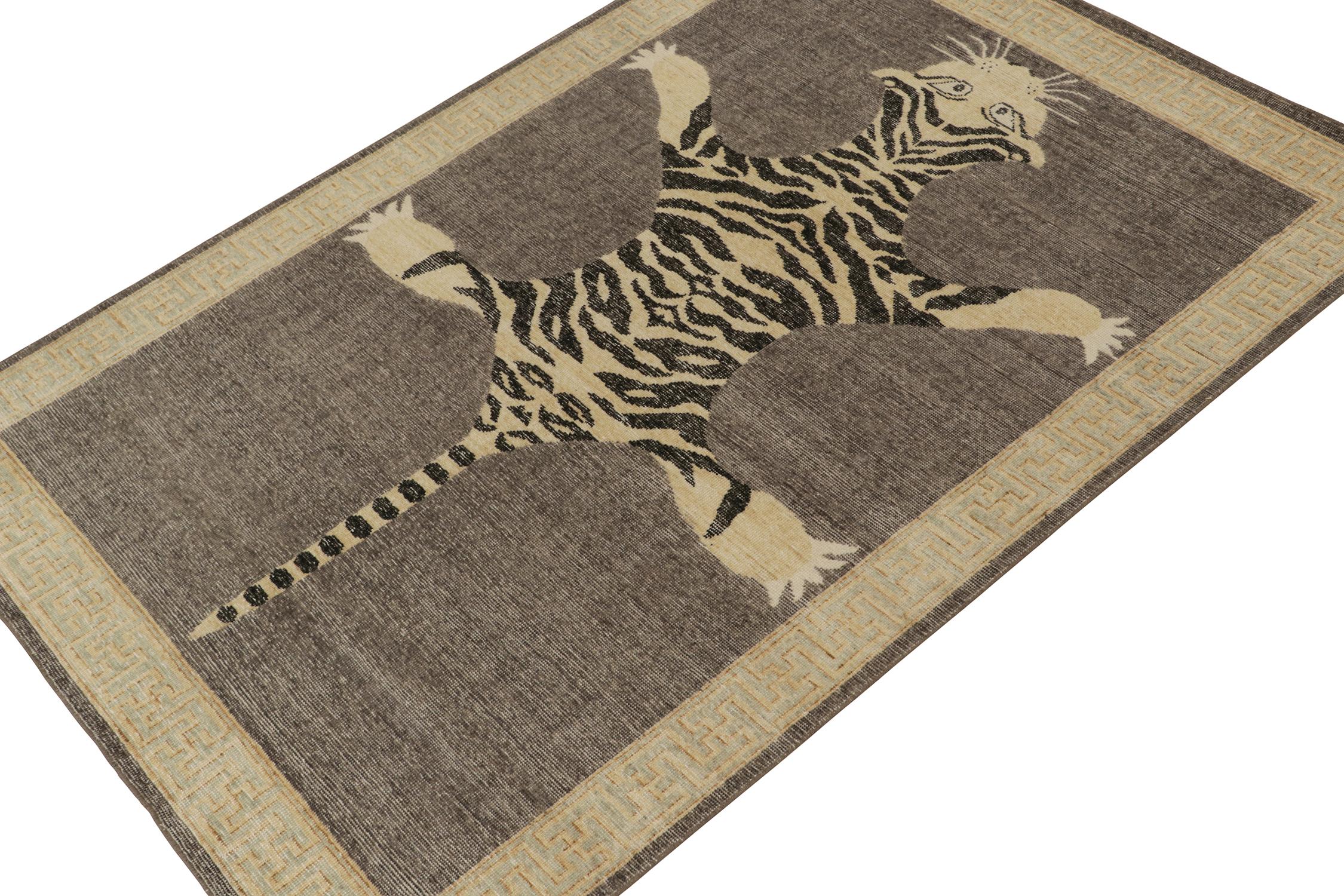 Modern Rug & Kilim’s Distressed Style Tiger Skin Rug in Gray, Beige and Black Pictorial For Sale