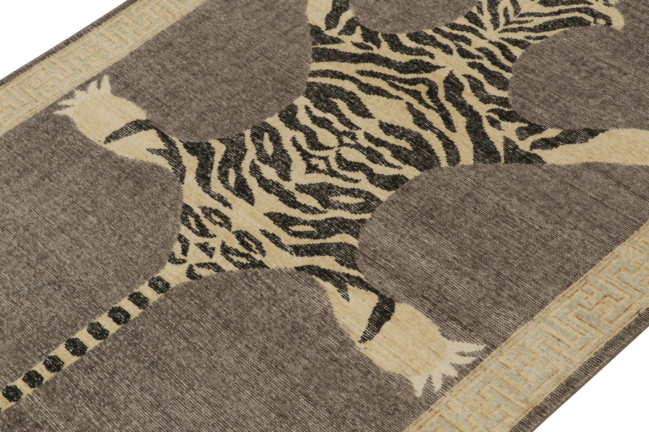 Indian Rug & Kilim’s Distressed Style Tiger Skin Rug in Gray, Beige and Black Pictorial For Sale