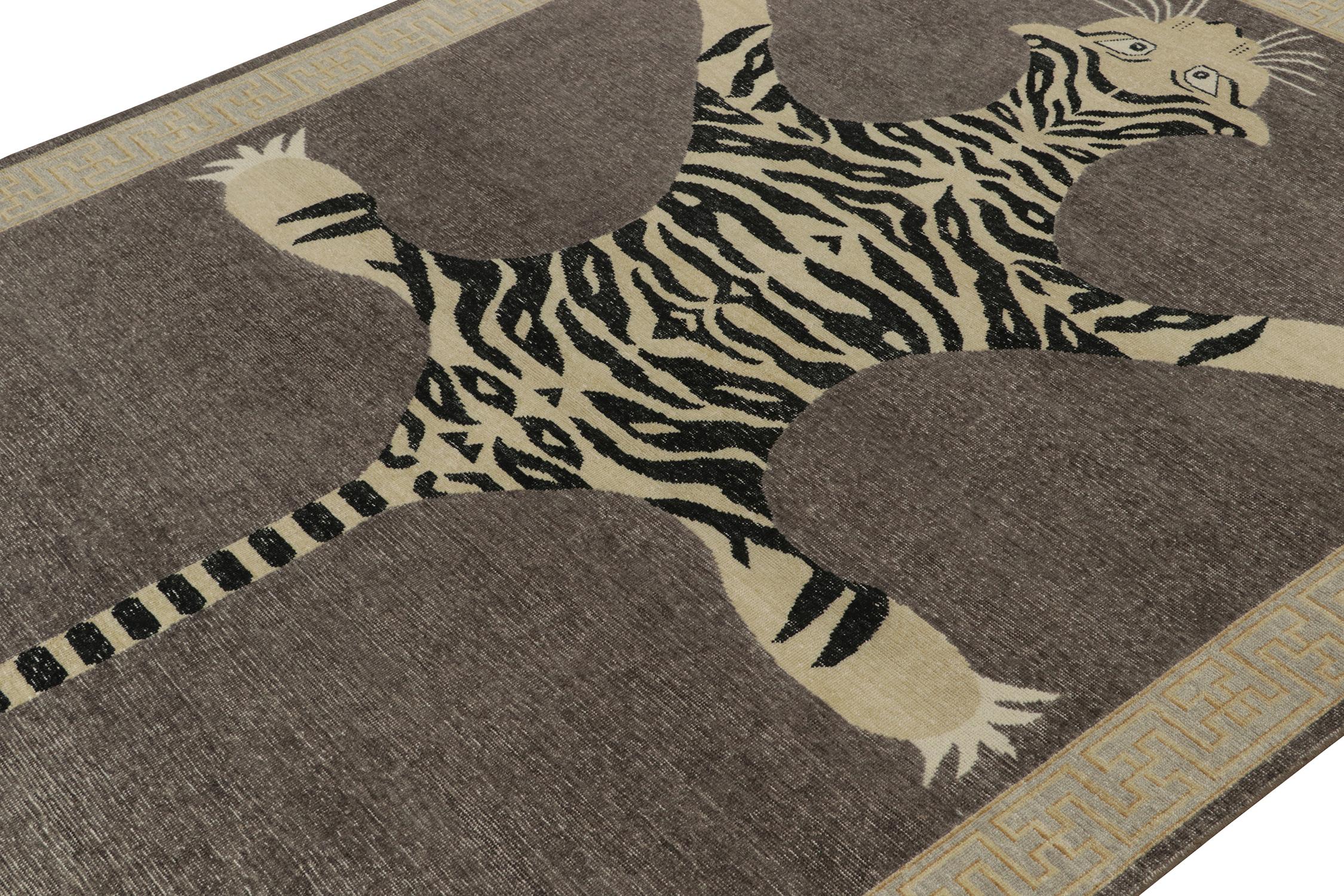 Hand-Knotted Rug & Kilim’s Distressed Style Tiger Skin Rug in Gray, Beige and Black Pictorial For Sale
