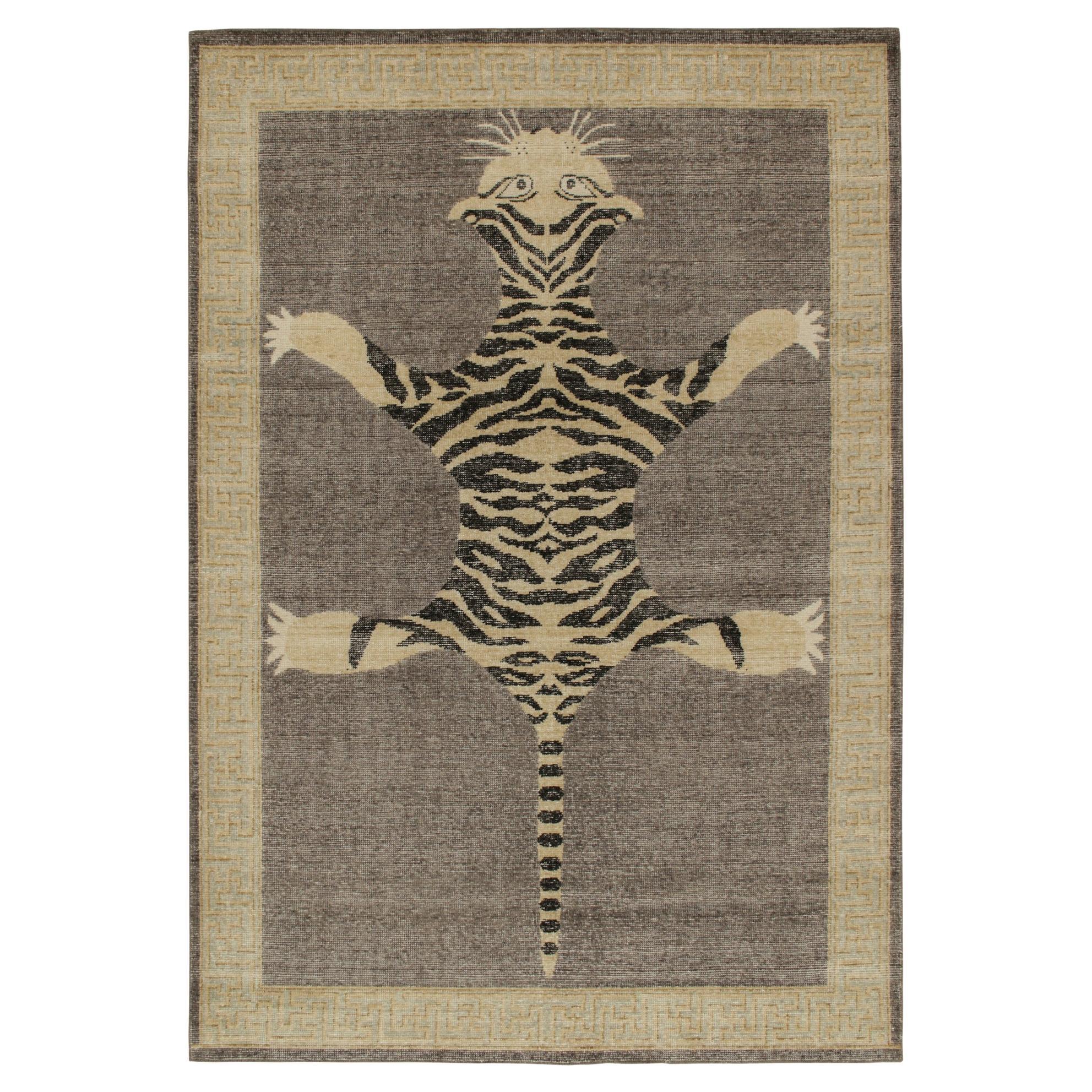 Rug & Kilim’s Distressed Style Tiger Skin Rug in Gray, Beige and Black Pictorial For Sale