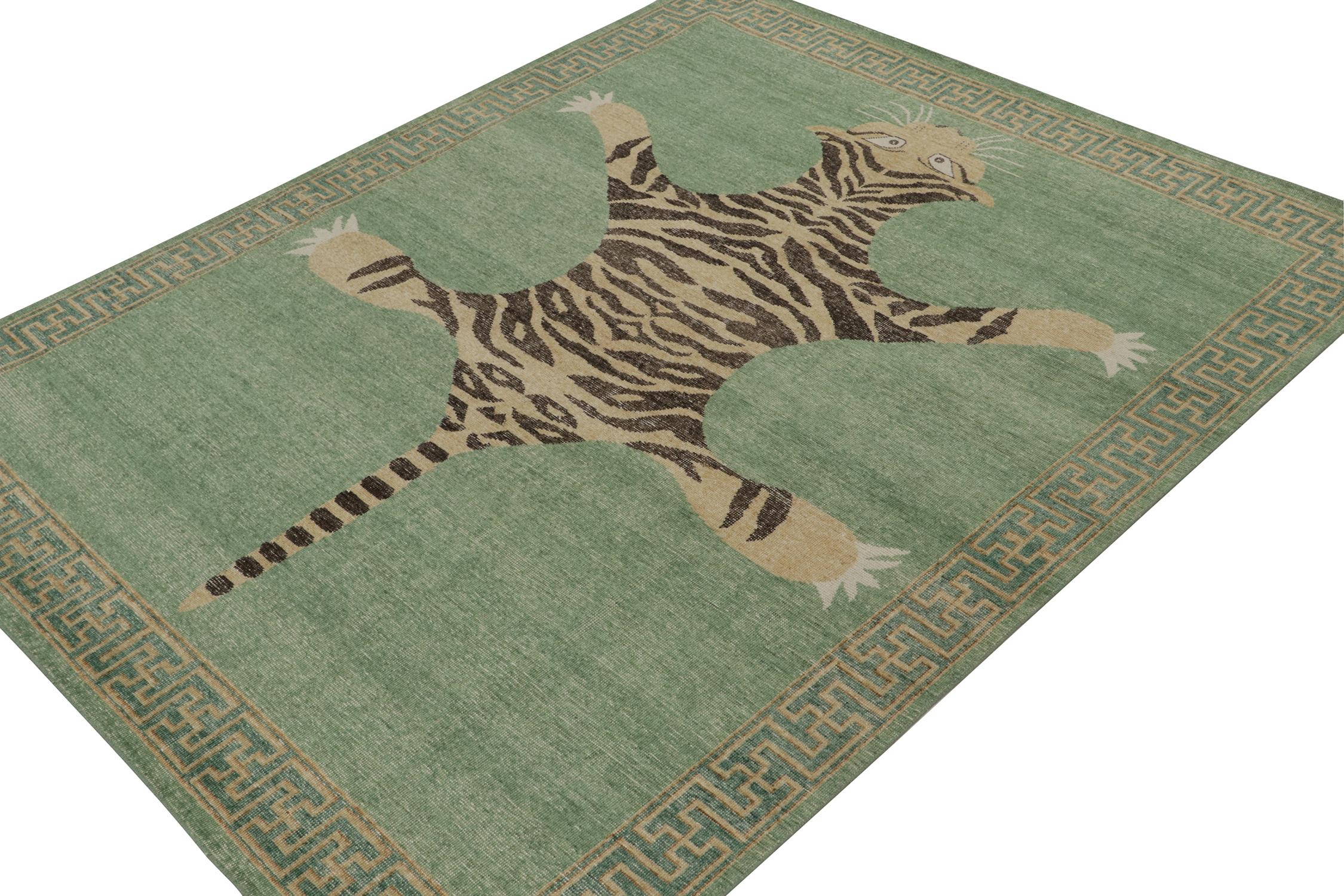 This 8x10 rug is a new addition to Rug & Kilim’s Homage Collection, that recaptures the time-honored Tiger skin rug design.

Further On the Design: 

This particular piece is inspired by antique Indian Tiger-skin rugs of the most regal, inviting