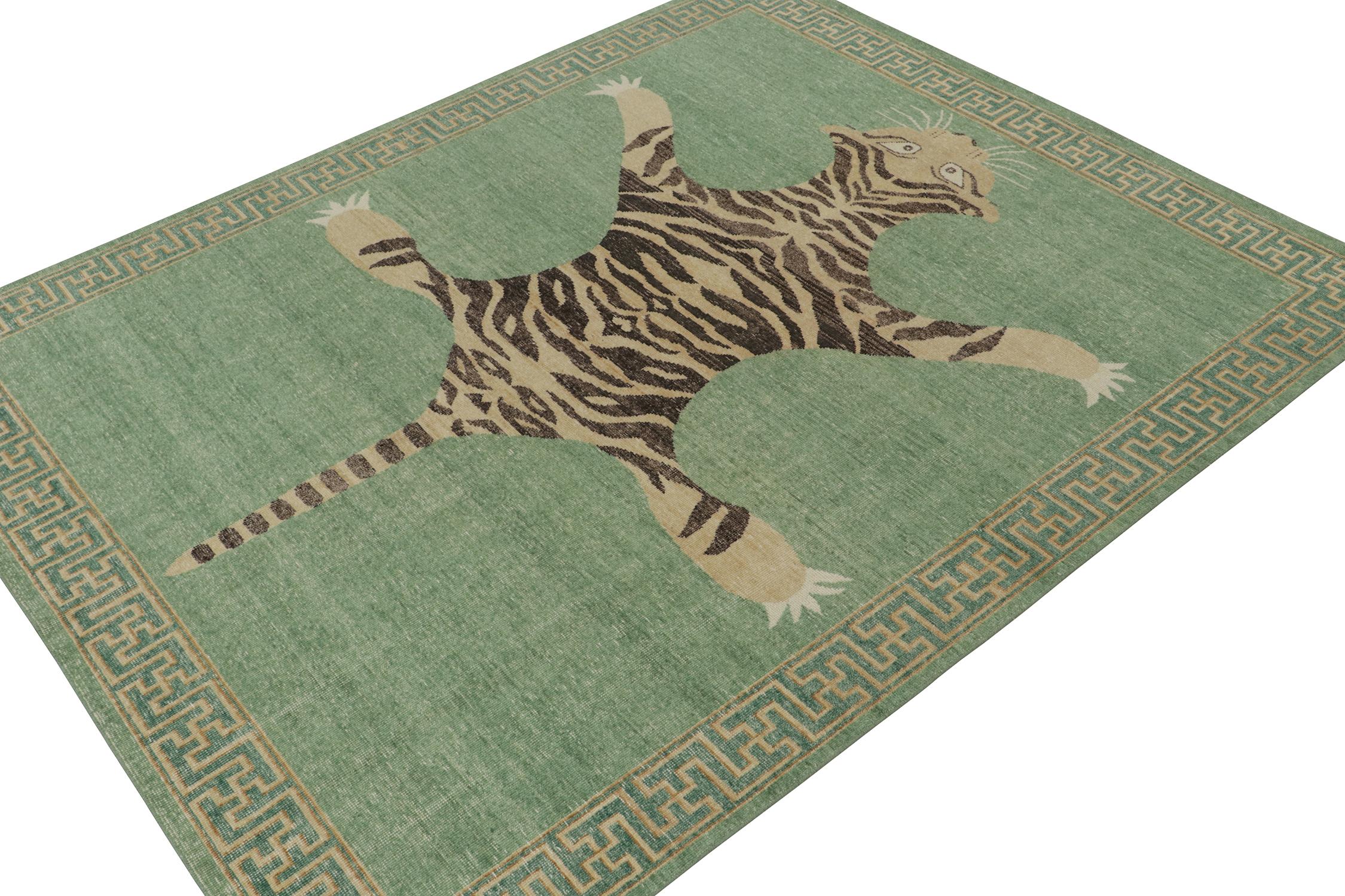 This 8x10 rug is a new addition to Rug & Kilim’s Homage Collection, that recaptures the time-honored Tiger skin rug design.

Further On the Design: 

This particular piece is inspired by antique Indian Tiger-skin rugs of the most regal, inviting