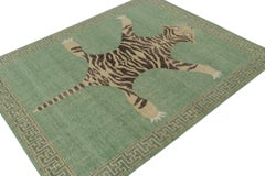 Rug & Kilim’s Distressed Style Tiger Skin Rug in Green, Beige & Black Pictorial