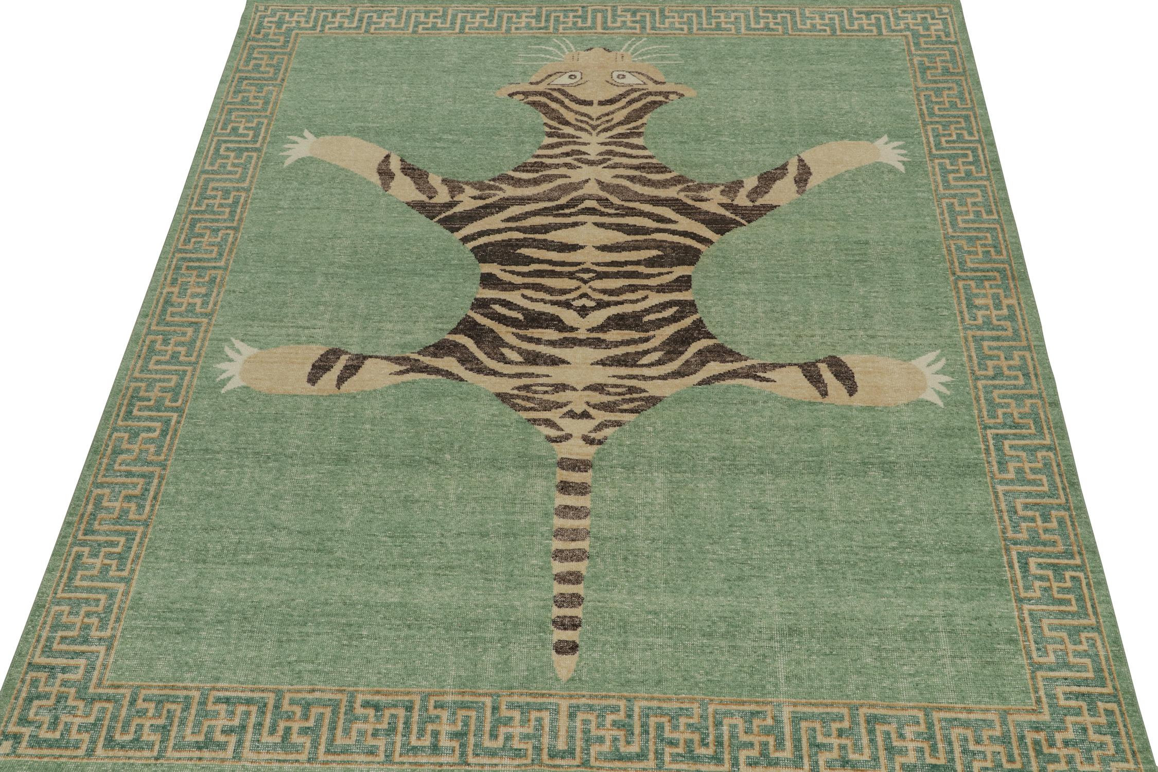 Indian Rug & Kilim’s Distressed Style Tiger Skin Rug in Green, Beige & Black Pictorial  For Sale