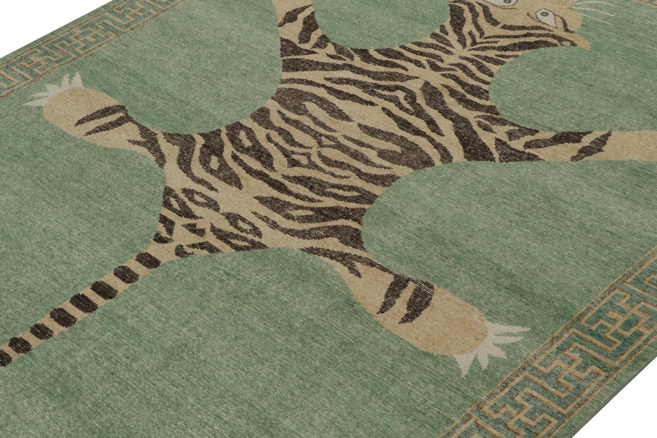 Hand-Knotted Rug & Kilim’s Distressed Style Tiger Skin Rug in Green, Beige * Black Pictorial For Sale