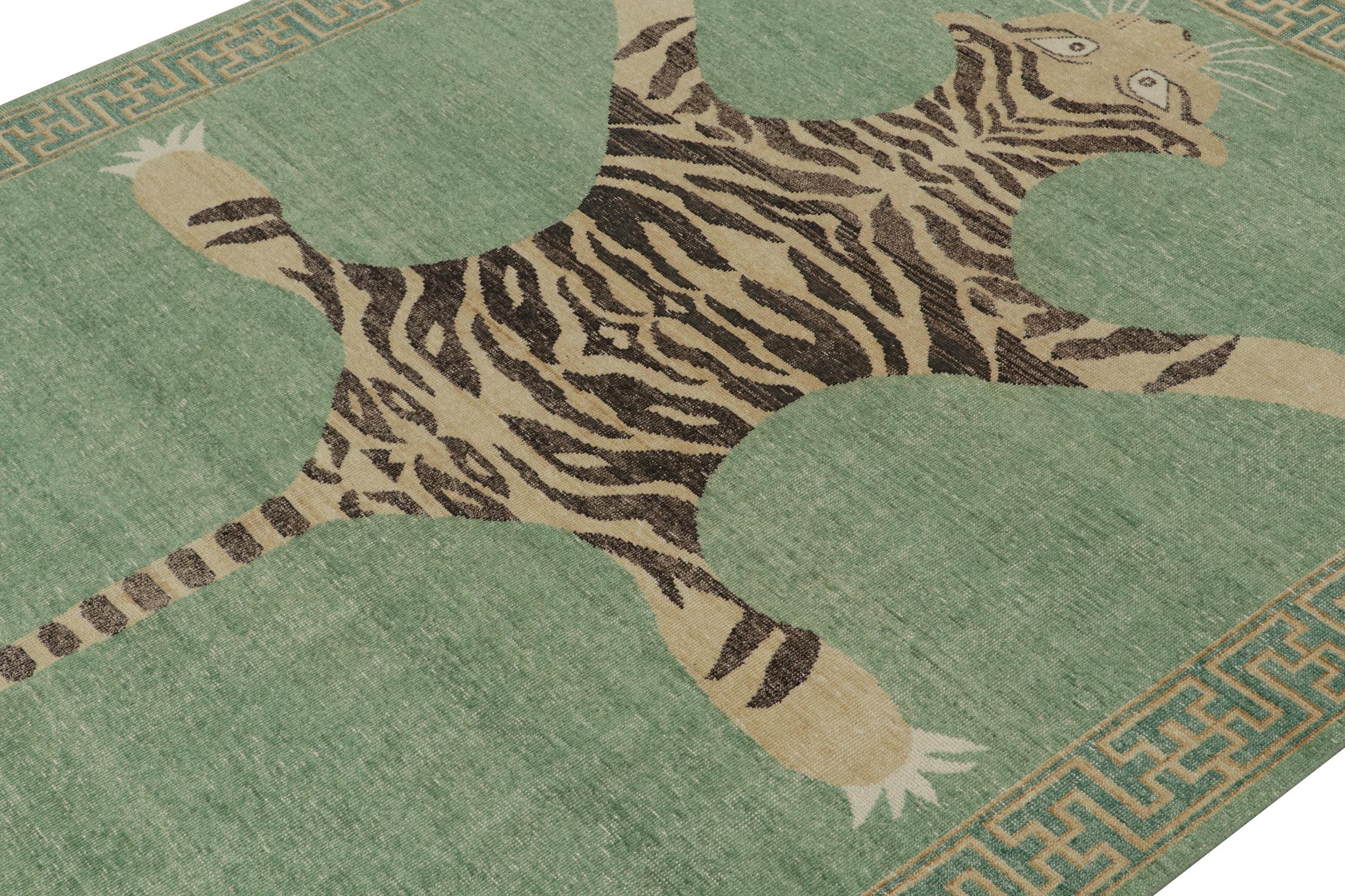 Hand-Knotted Rug & Kilim’s Distressed Style Tiger Skin Rug in Green, Beige & Black Pictorial  For Sale