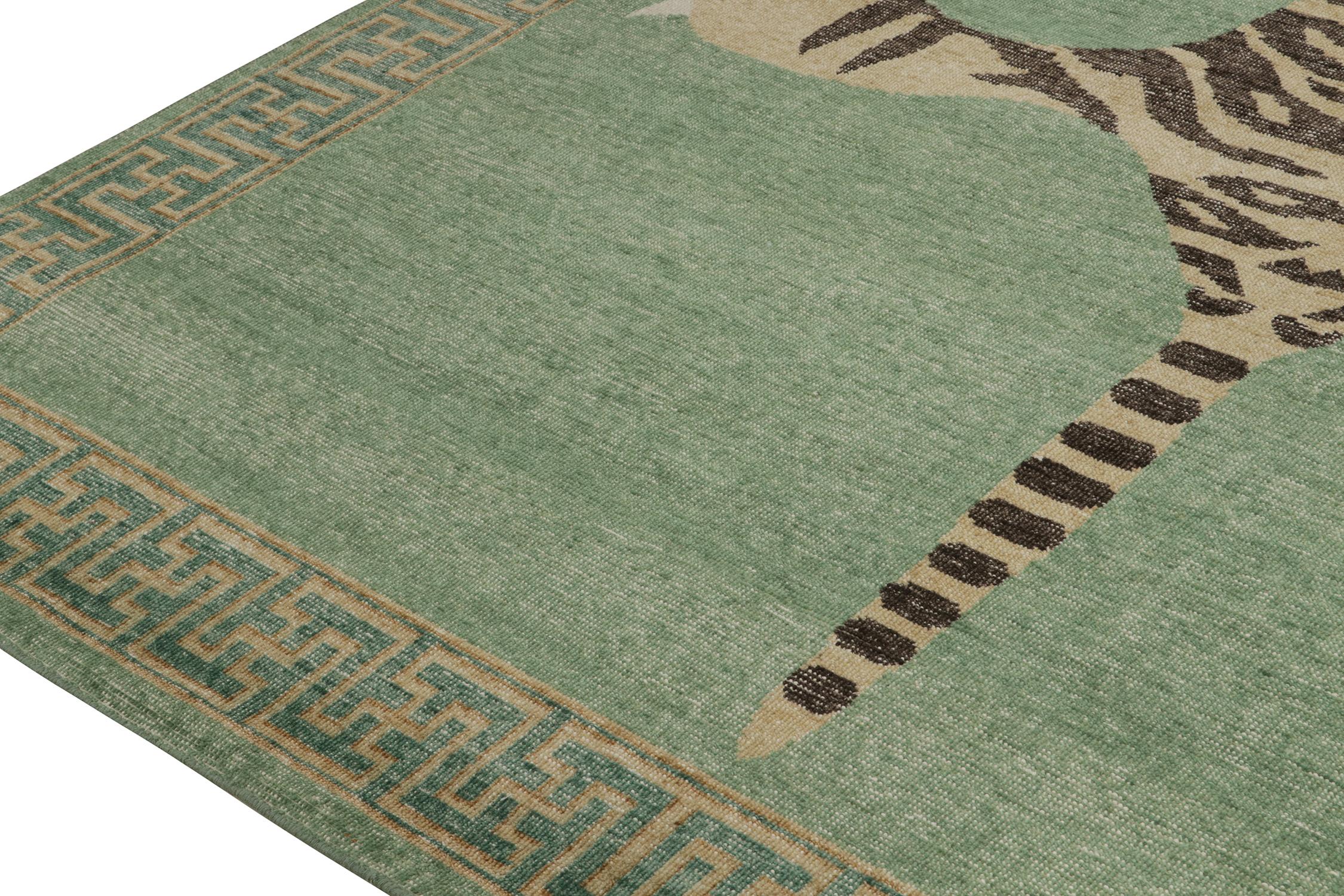Rug & Kilim’s Distressed Style Tiger Skin Rug in Green, Beige * Black Pictorial In New Condition For Sale In Long Island City, NY