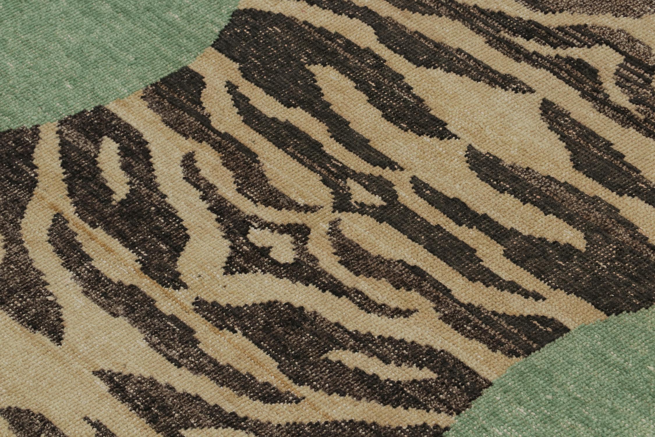 Contemporary Rug & Kilim’s Distressed Style Tiger Skin Rug in Green, Beige & Black Pictorial  For Sale