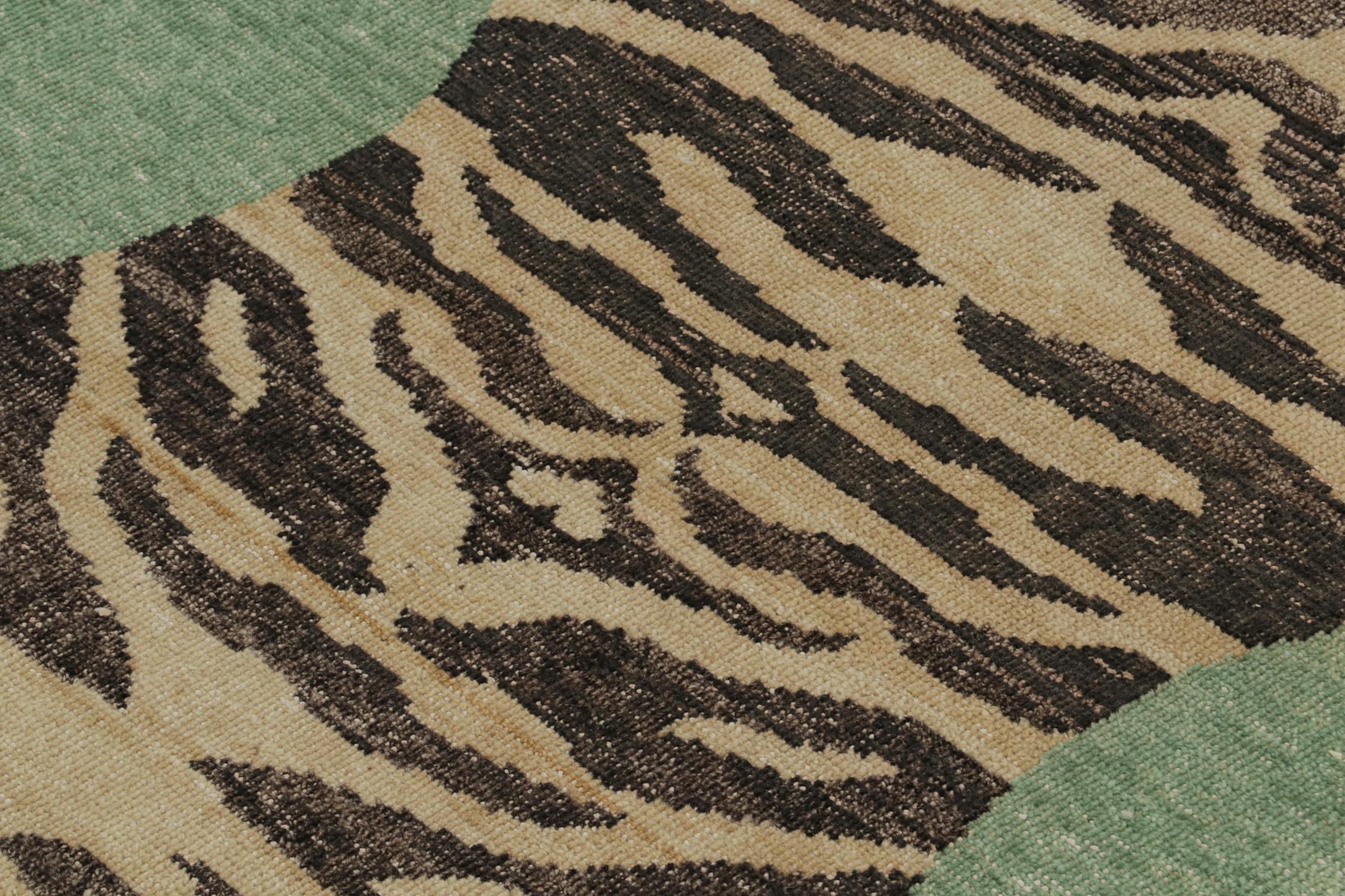Contemporary Rug & Kilim’s Distressed Style Tiger Skin Rug in Green, Beige & Black Pictorial For Sale