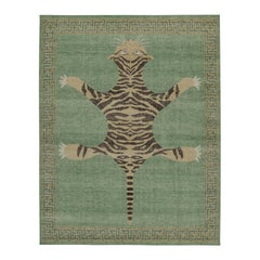 Rug & Kilim’s Distressed Style Tiger Skin Rug in Green, Beige * Black Pictorial