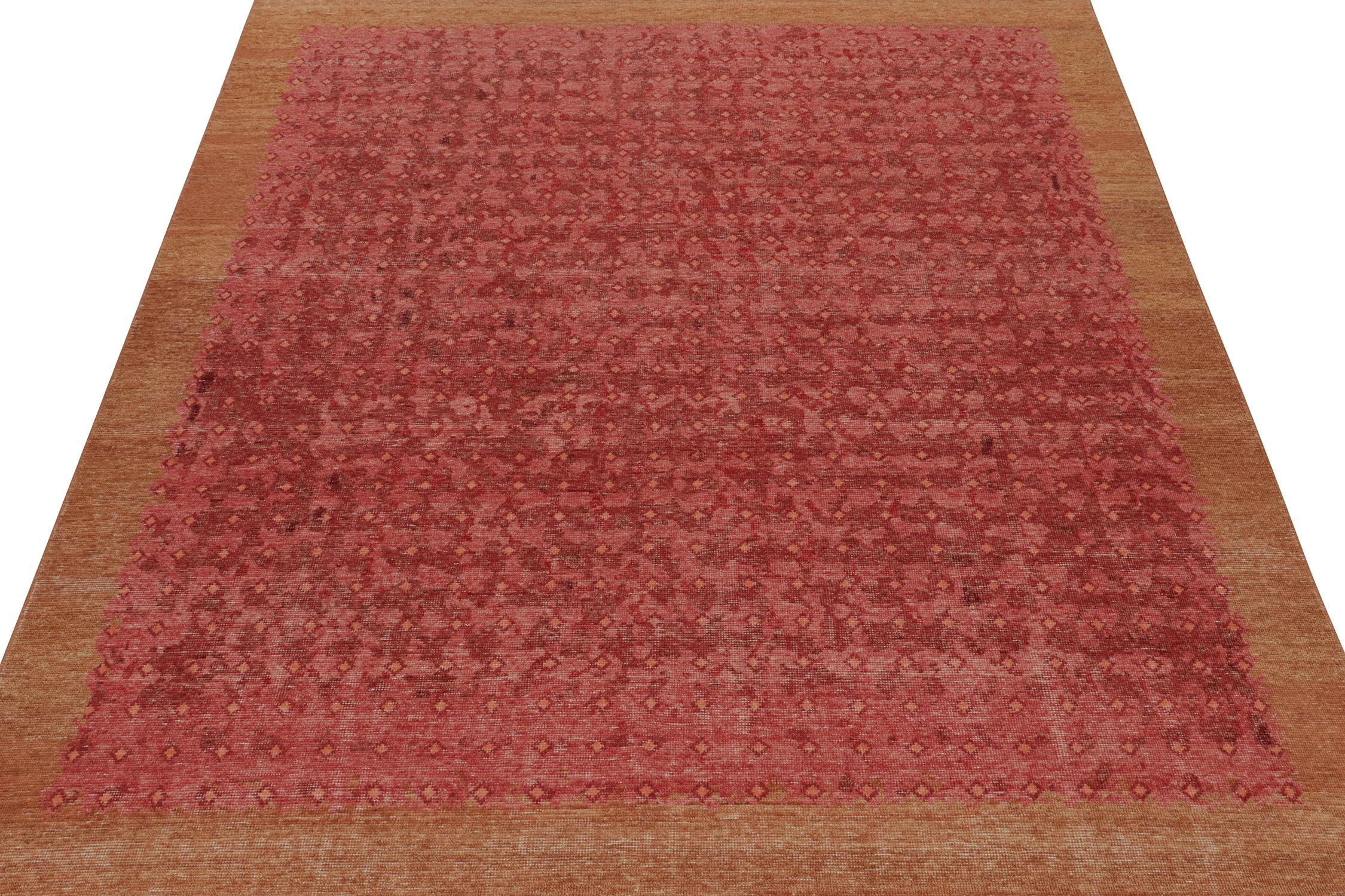 Indian Rug & Kilim’s Distressed Style Transitional Rug in Red Geometric Patterns For Sale