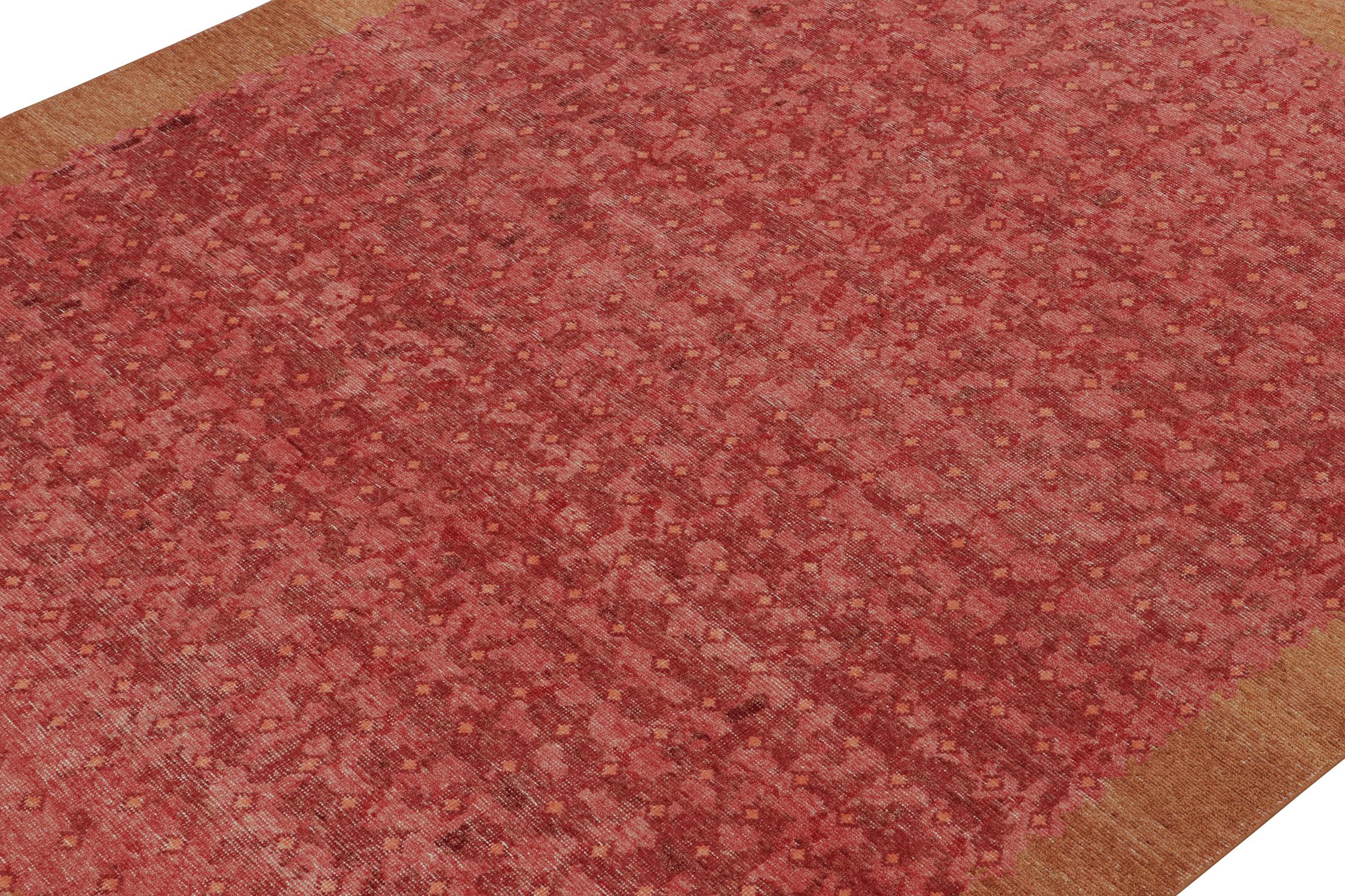 Hand-Knotted Rug & Kilim’s Distressed Style Transitional Rug in Red Geometric Patterns For Sale