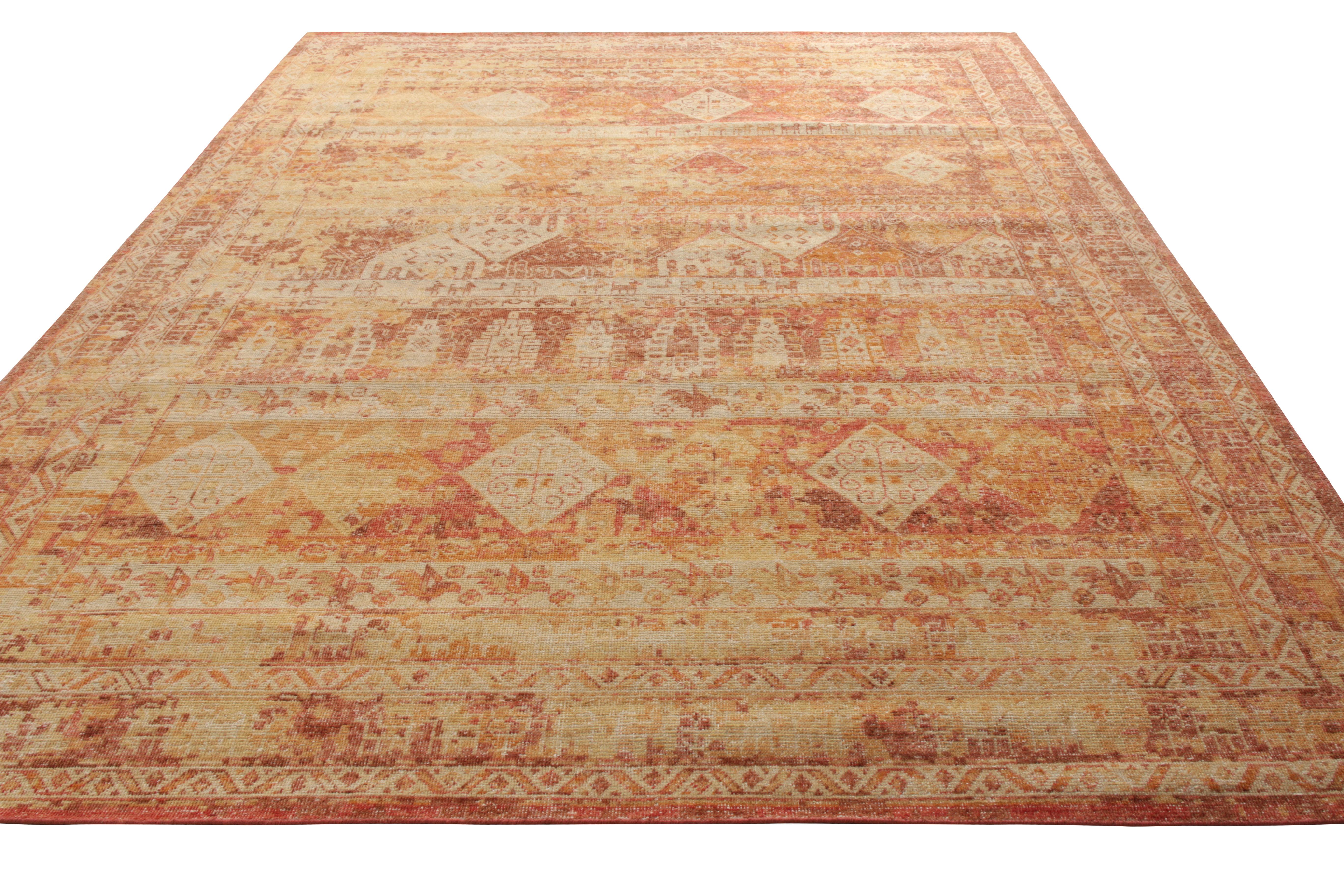 An 9 x 12 ode to celebrated tribal rug styles, from the classic selections in Rug & Kilim’s Homage Collection. Hand knotted in wool, enjoying burnt red and orange geometric pattern transitioning beautifully across the frame for a unique take lending