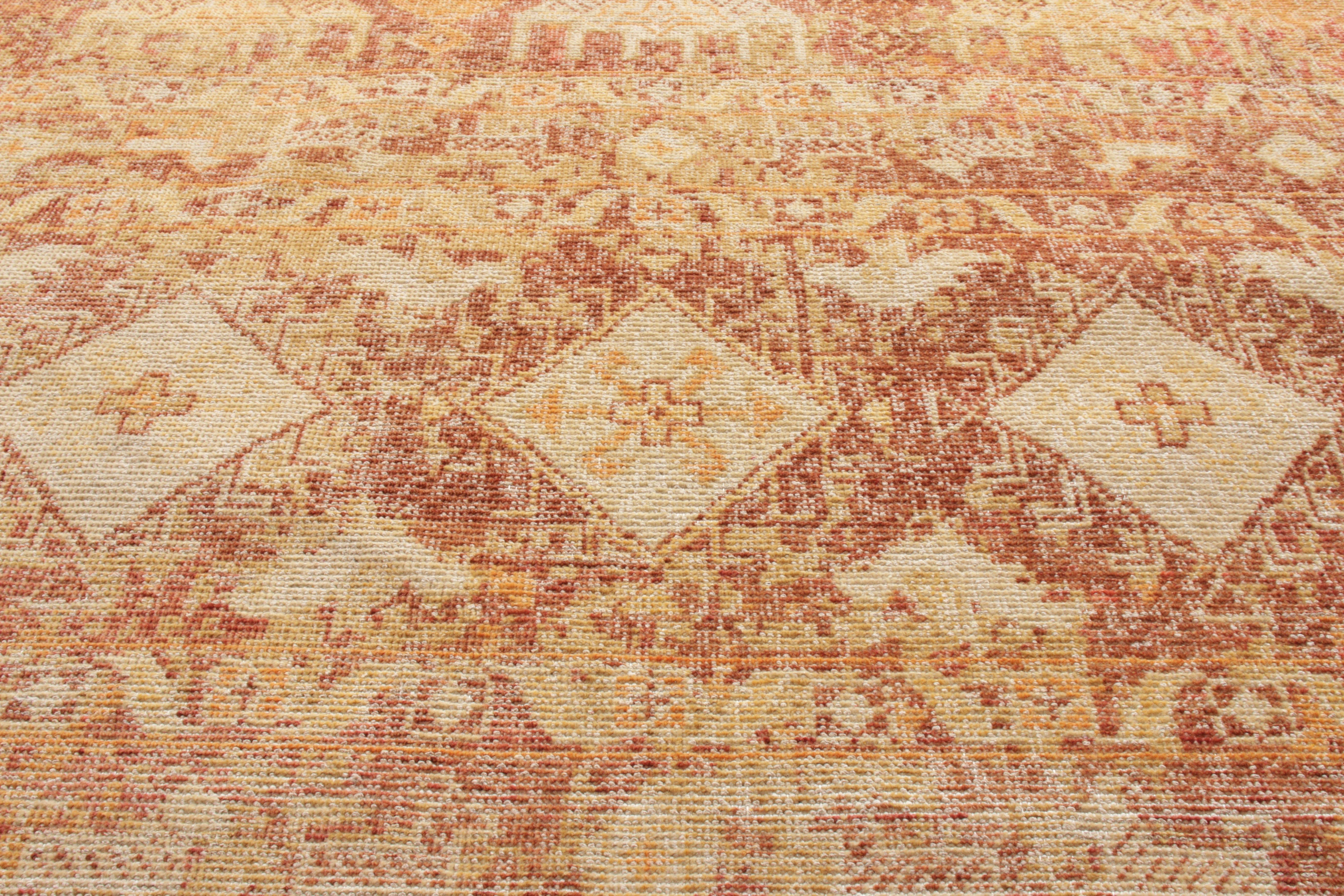 Hand-Knotted Rug & Kilim’s Distressed Style Tribal Rug in Red Orange Geometric Pattern For Sale