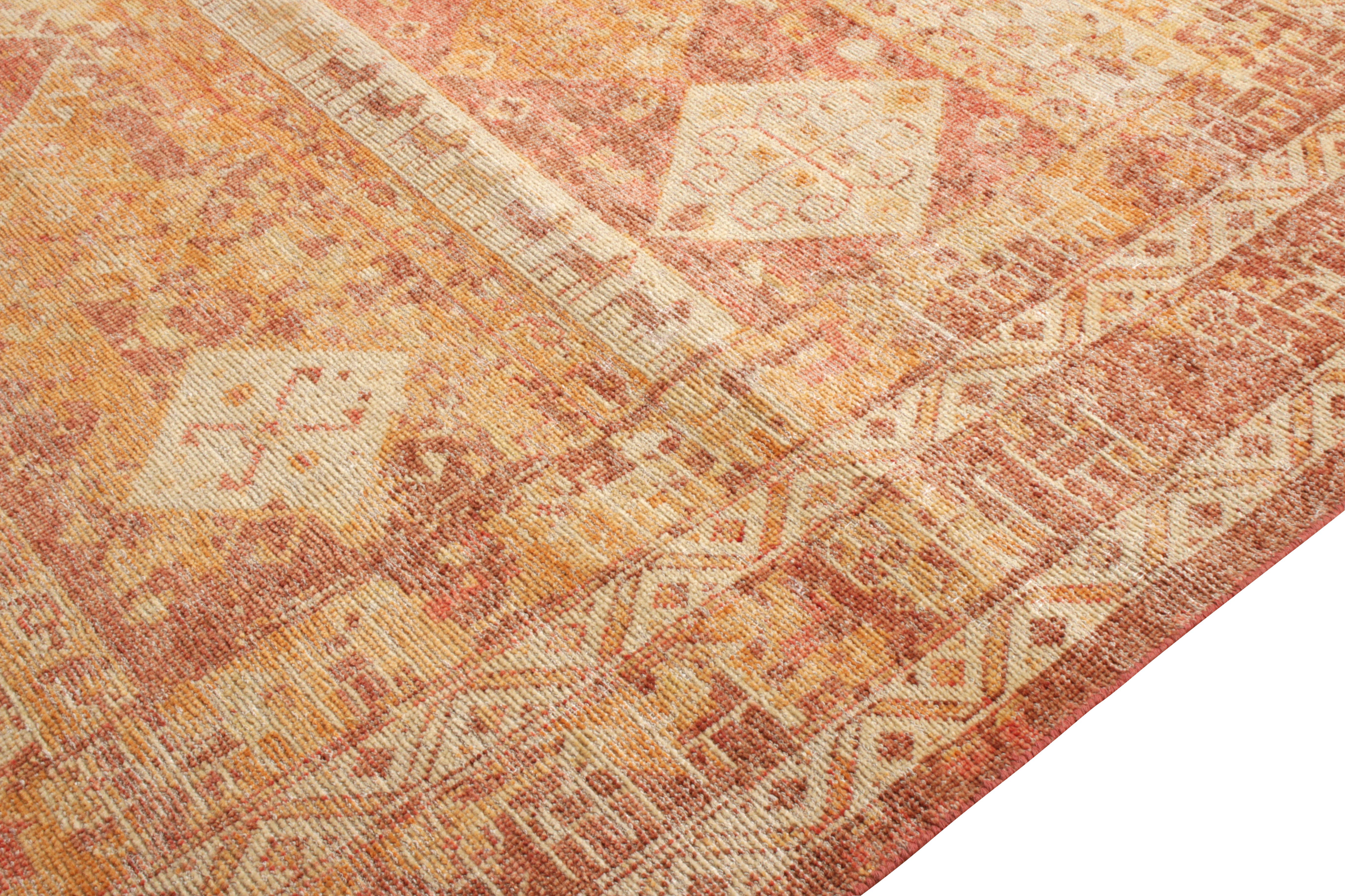 Hand-Knotted Rug & Kilim’s Distressed Style Tribal Rug in Red Orange Geometric Pattern For Sale