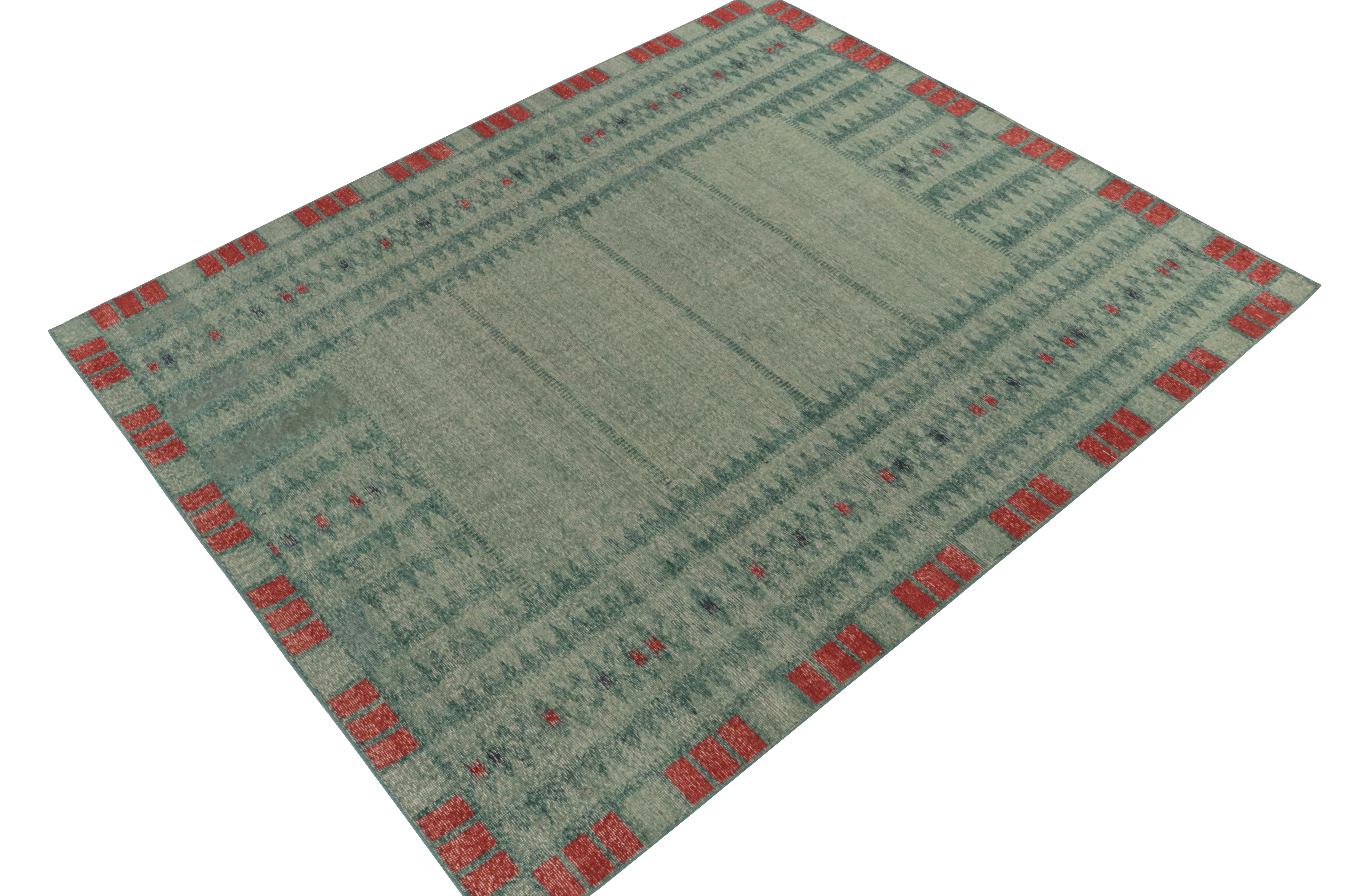 An 8x10 hand-knotted wool rug from Rug & Kilim’s Homage Collection, inspired by celebrated Swedish Deco aesthetics. 

On the Design: The vision recaptures sharp geometric patterns in aqua blue, green & scarlet red with a modern take on distressed