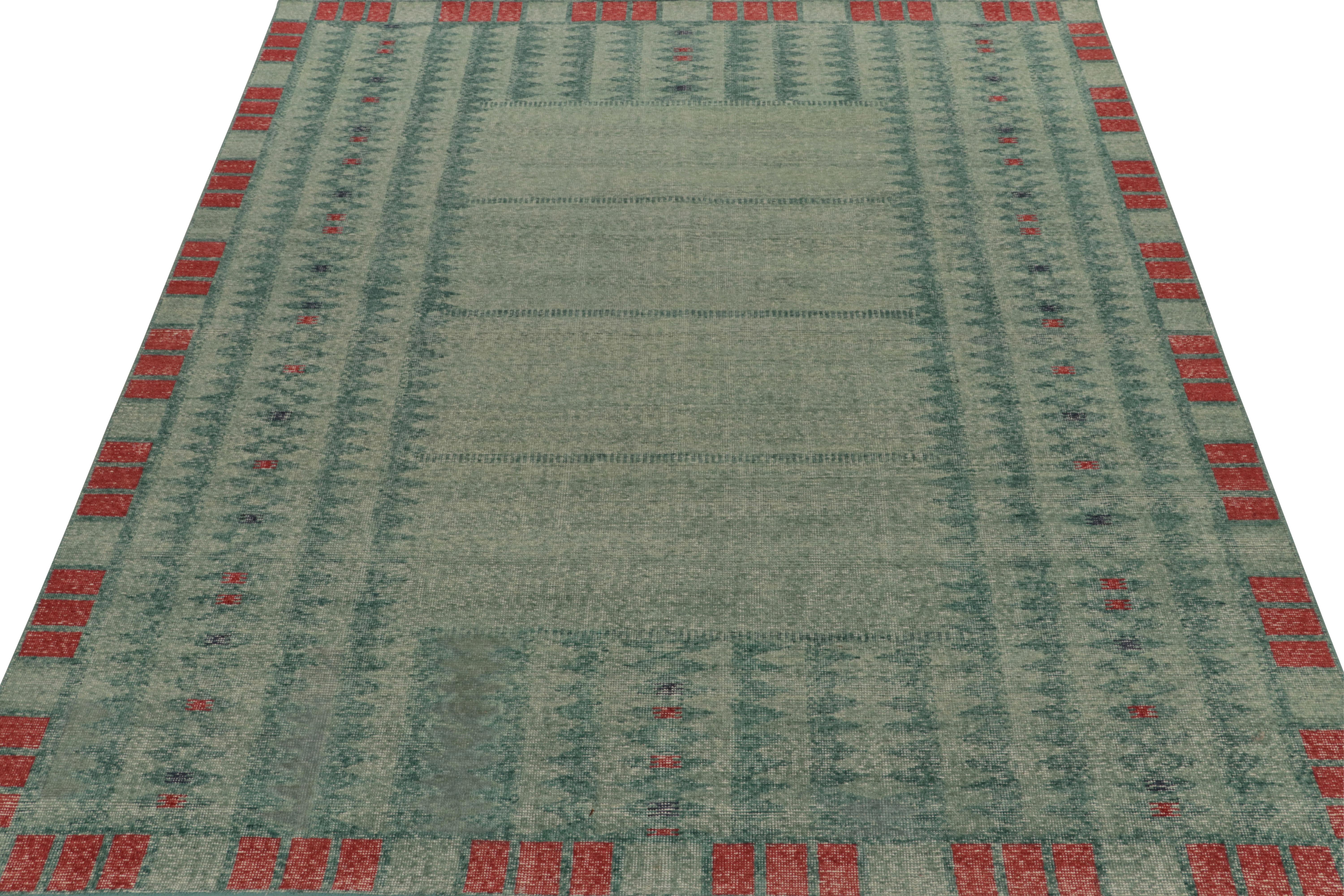 Mid-Century Modern Rug & Kilim’s Distressed Swedish Deco Style Rug in Blue & Red Geometric Pattern For Sale