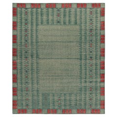 Rug & Kilim’s Distressed Swedish Deco Style Rug in Blue & Red Geometric Pattern