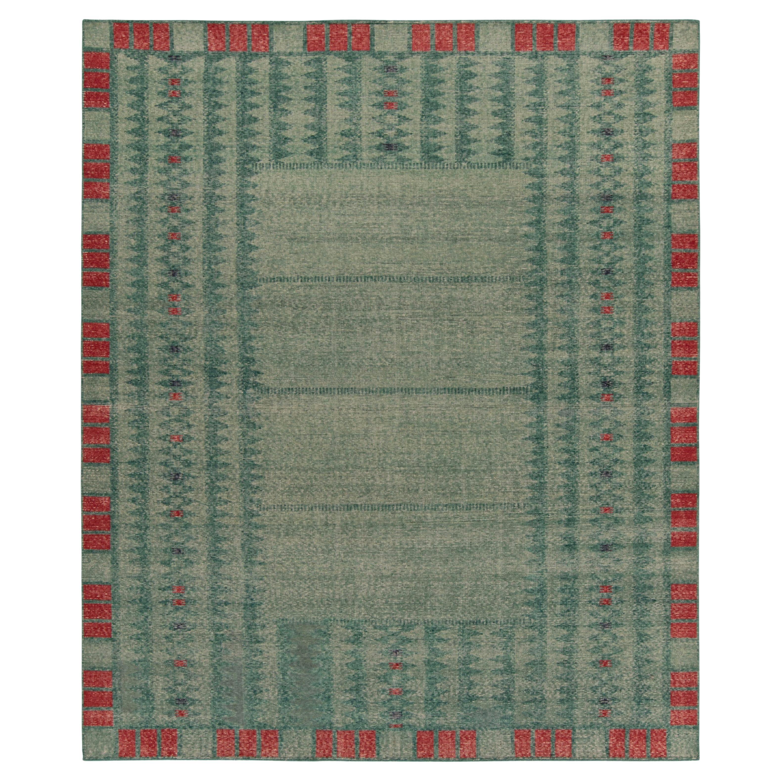 Rug & Kilim’s Distressed Swedish Deco Style Rug in Blue & Red Geometric Pattern	 For Sale